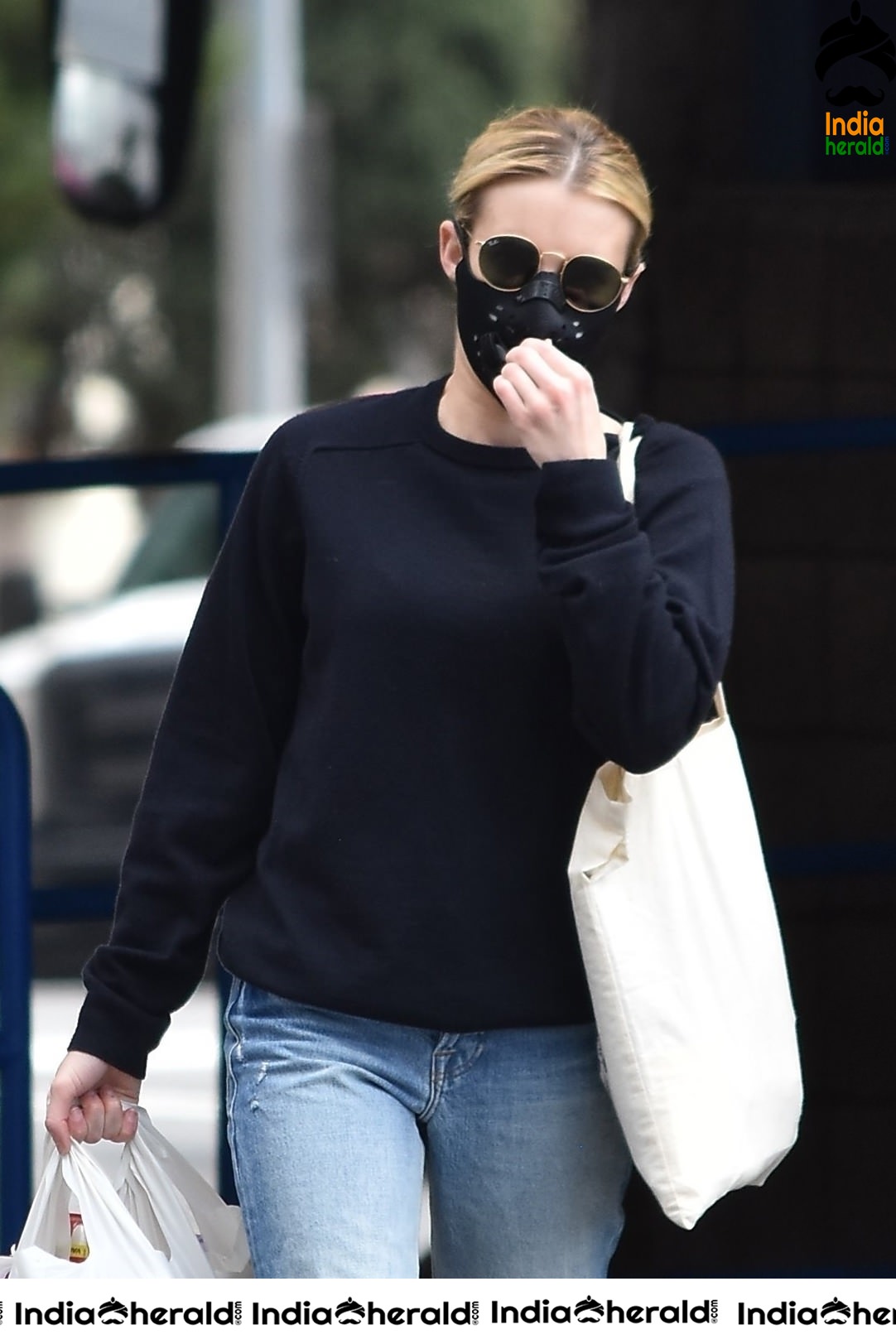 Emma Roberts wearing maks and seen outside Rite Aid in Los Feliz