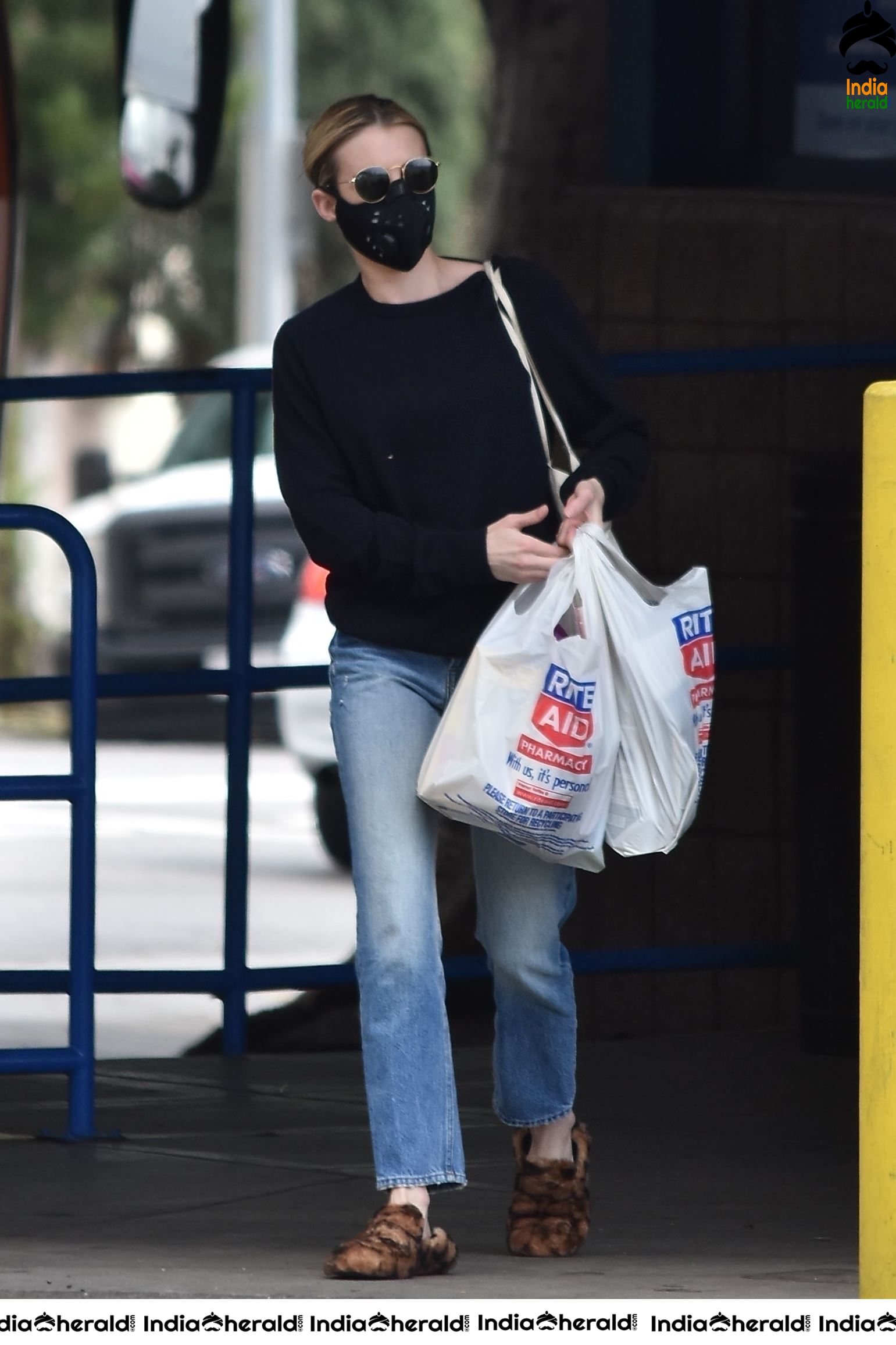 Emma Roberts wearing maks and seen outside Rite Aid in Los Feliz