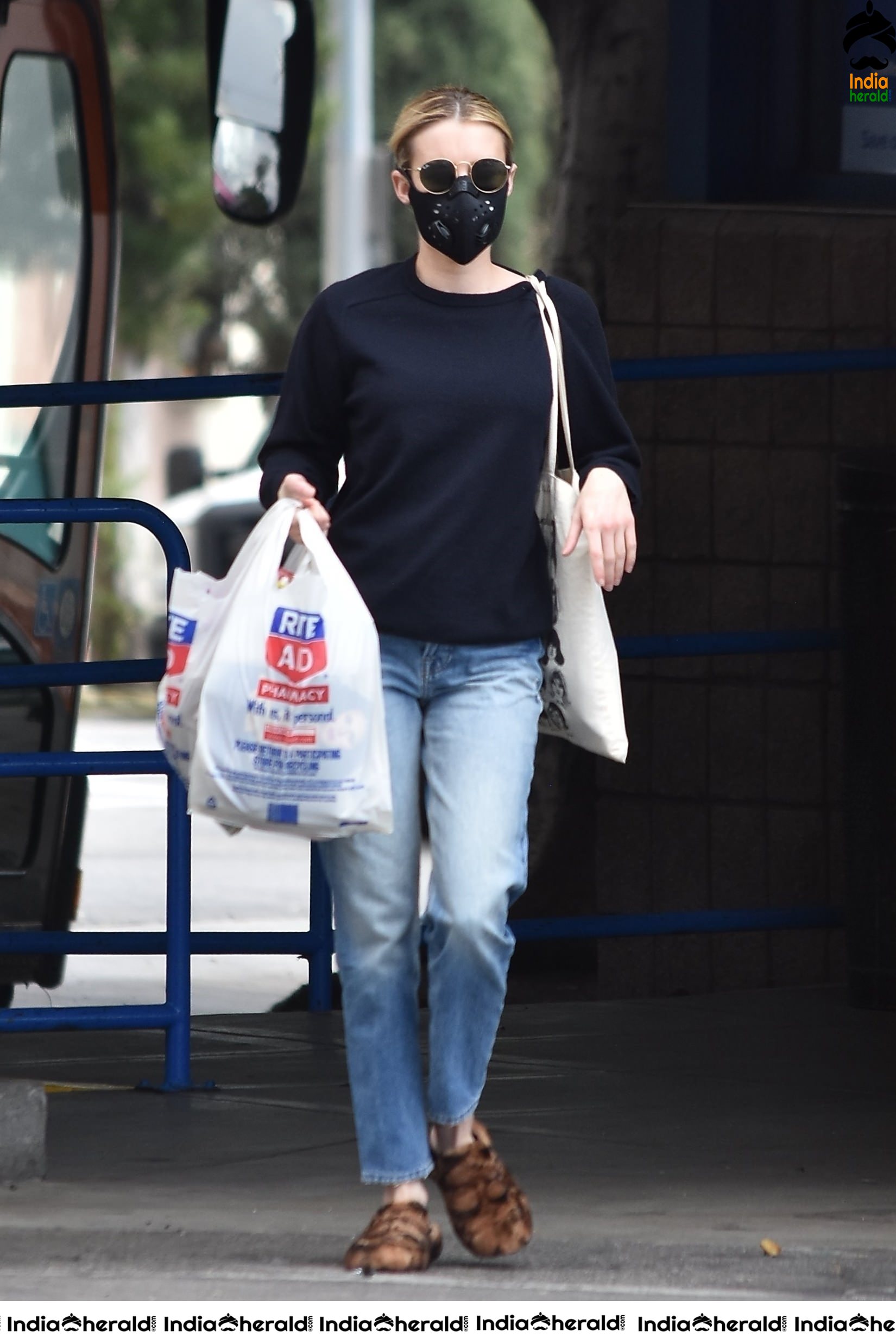 Emma Roberts wearing maks and seen outside Rite Aid in Los Feliz