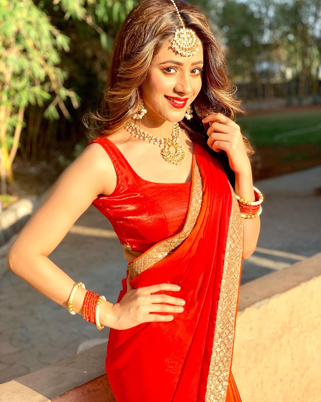 Hiba Nawab Latest Hot And Cute Red Saree Stills