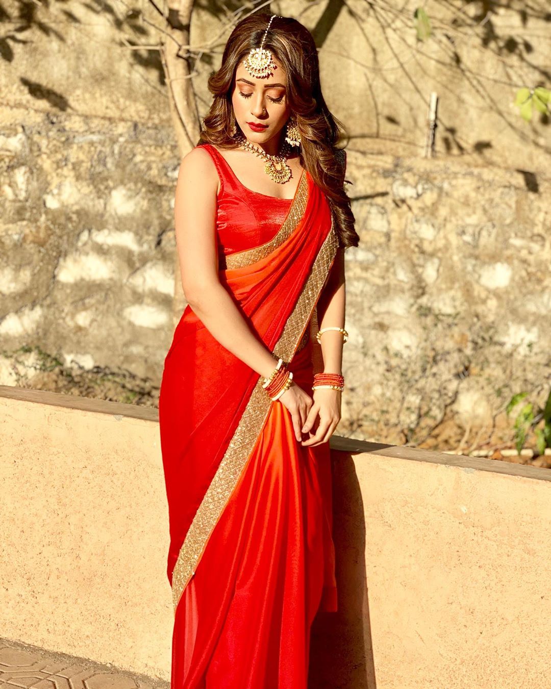 Hiba Nawab Latest Hot And Cute Red Saree Stills