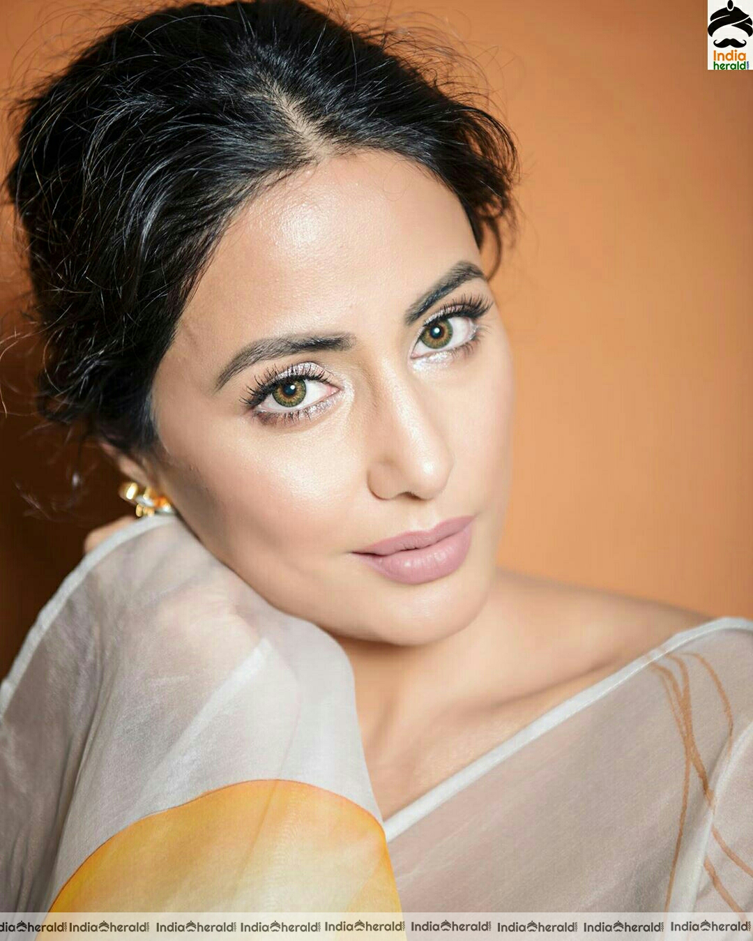 Hina khan Hot Tubeless Blouse and White Transparent Saree Stills