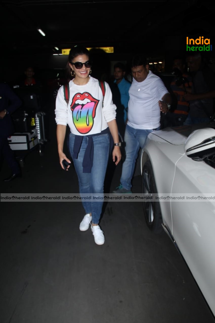 Jacqueline Fernandez spotted with a Tongue Out Tee at Mumbai Airport