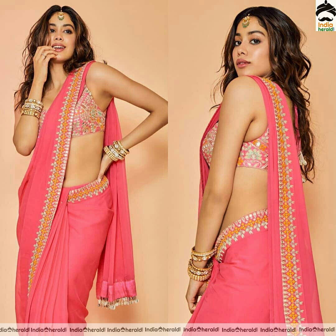Janhvi Kapoor Hot Sleeveless Blouse and Pink Saree Stills