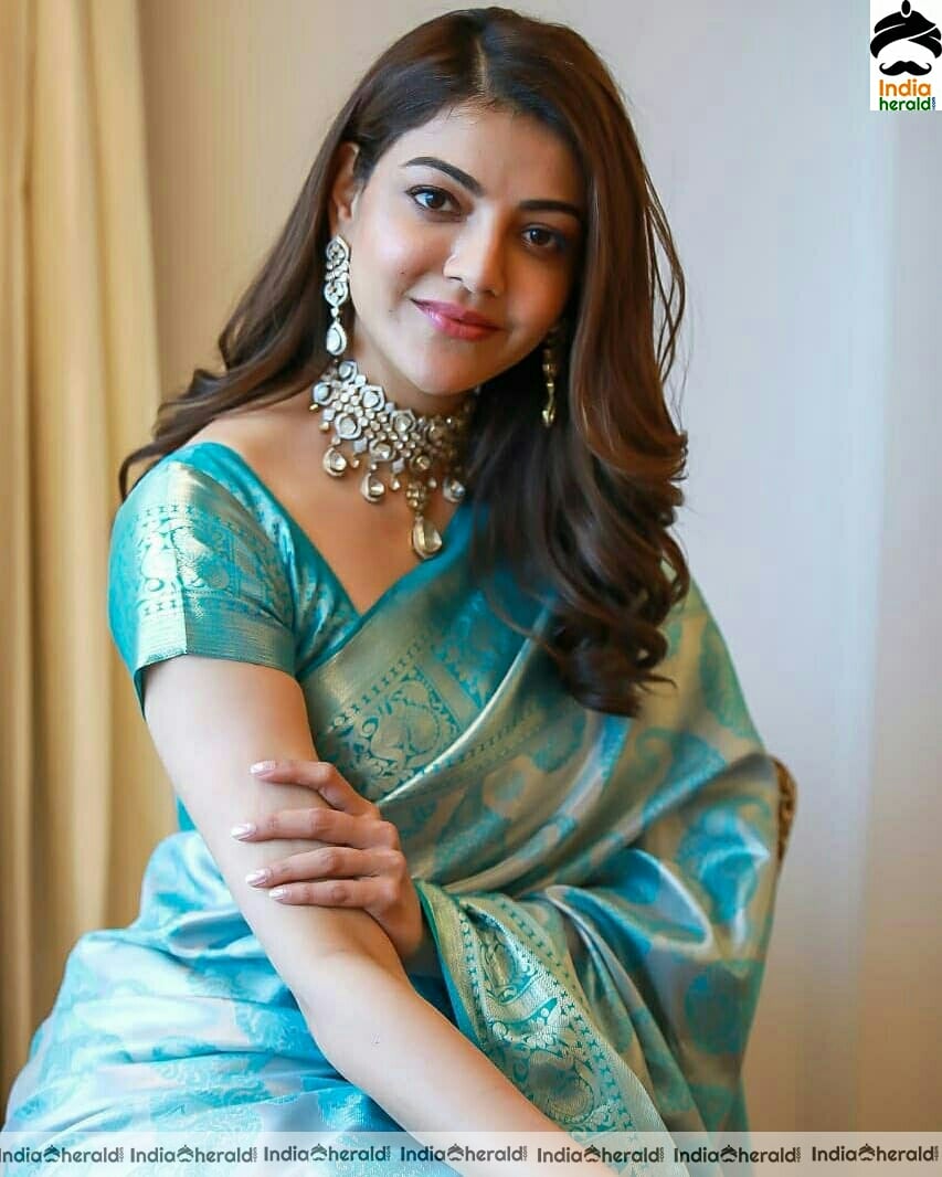 Kajal Aggarwal Cute Blue Saree Stills