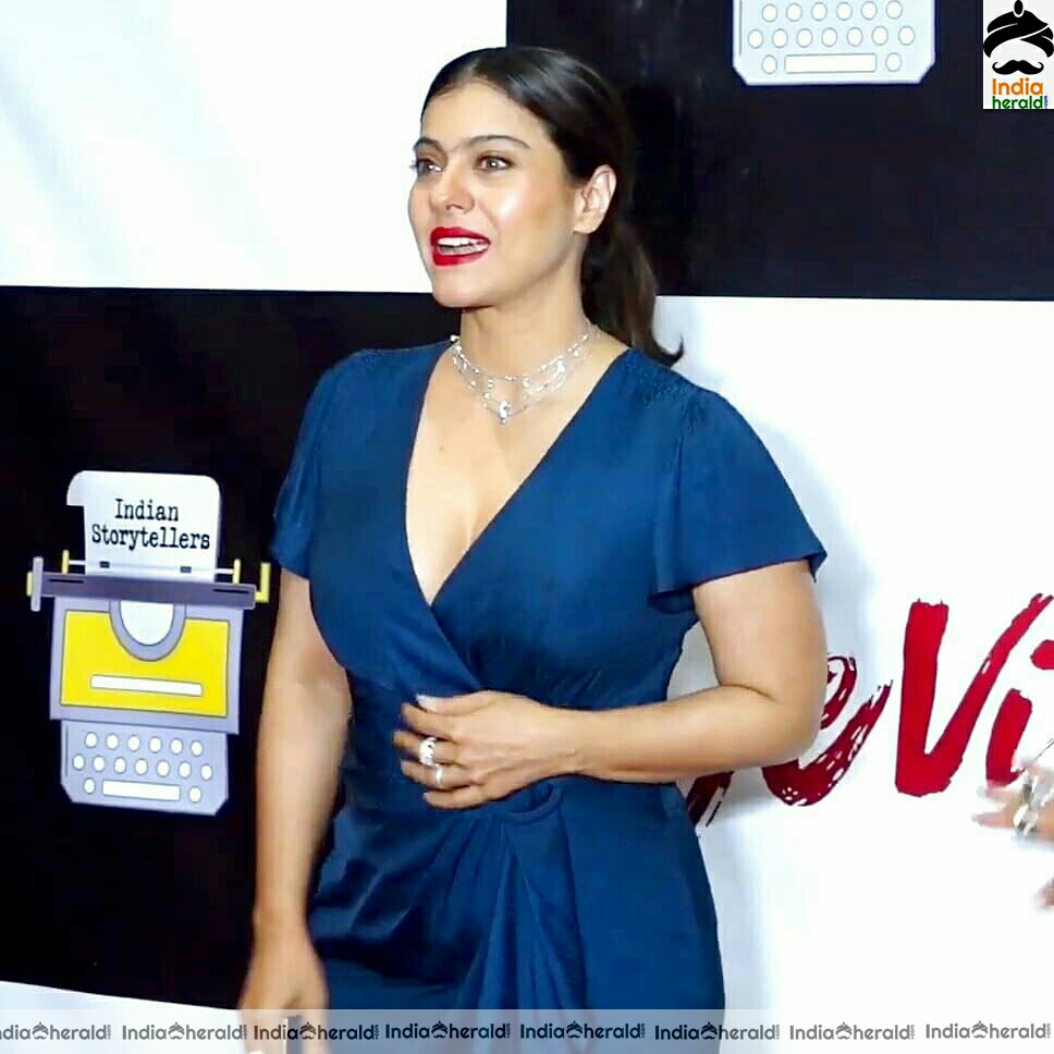 Kajol Hot Cleavage Revealing Show In Blue Dress Stills