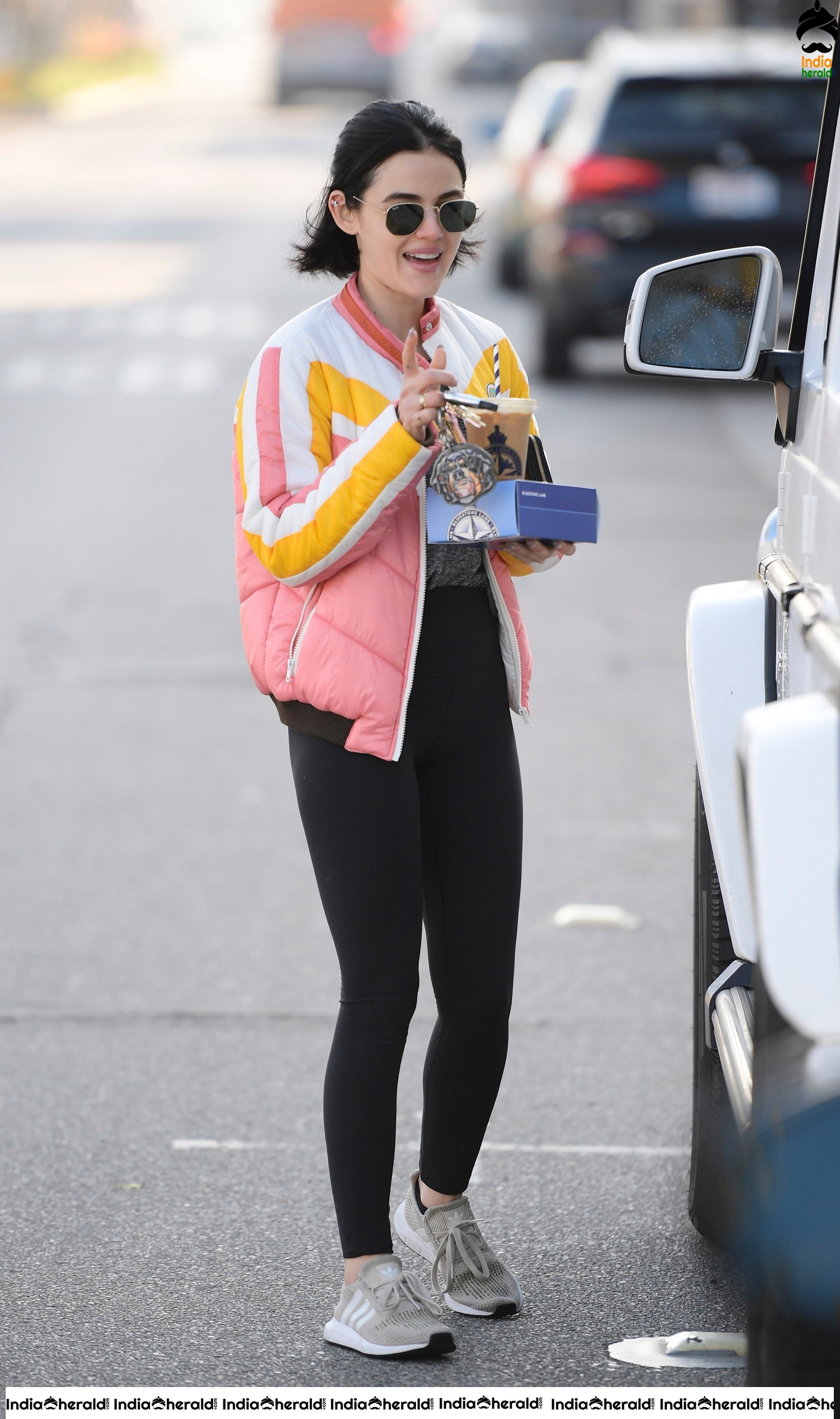 Lucy Hale Paparazzi Photos while making a morning Coffee run in Los Angeles