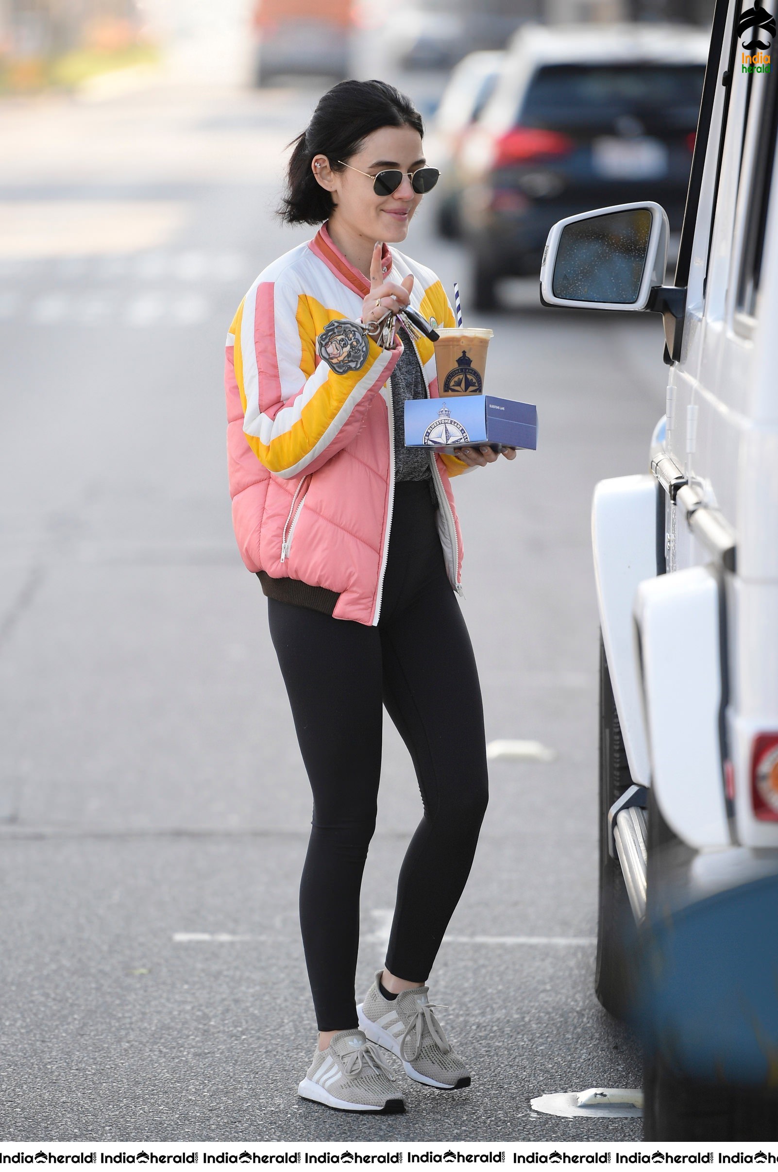 Lucy Hale Paparazzi Photos while making a morning Coffee run in Los Angeles