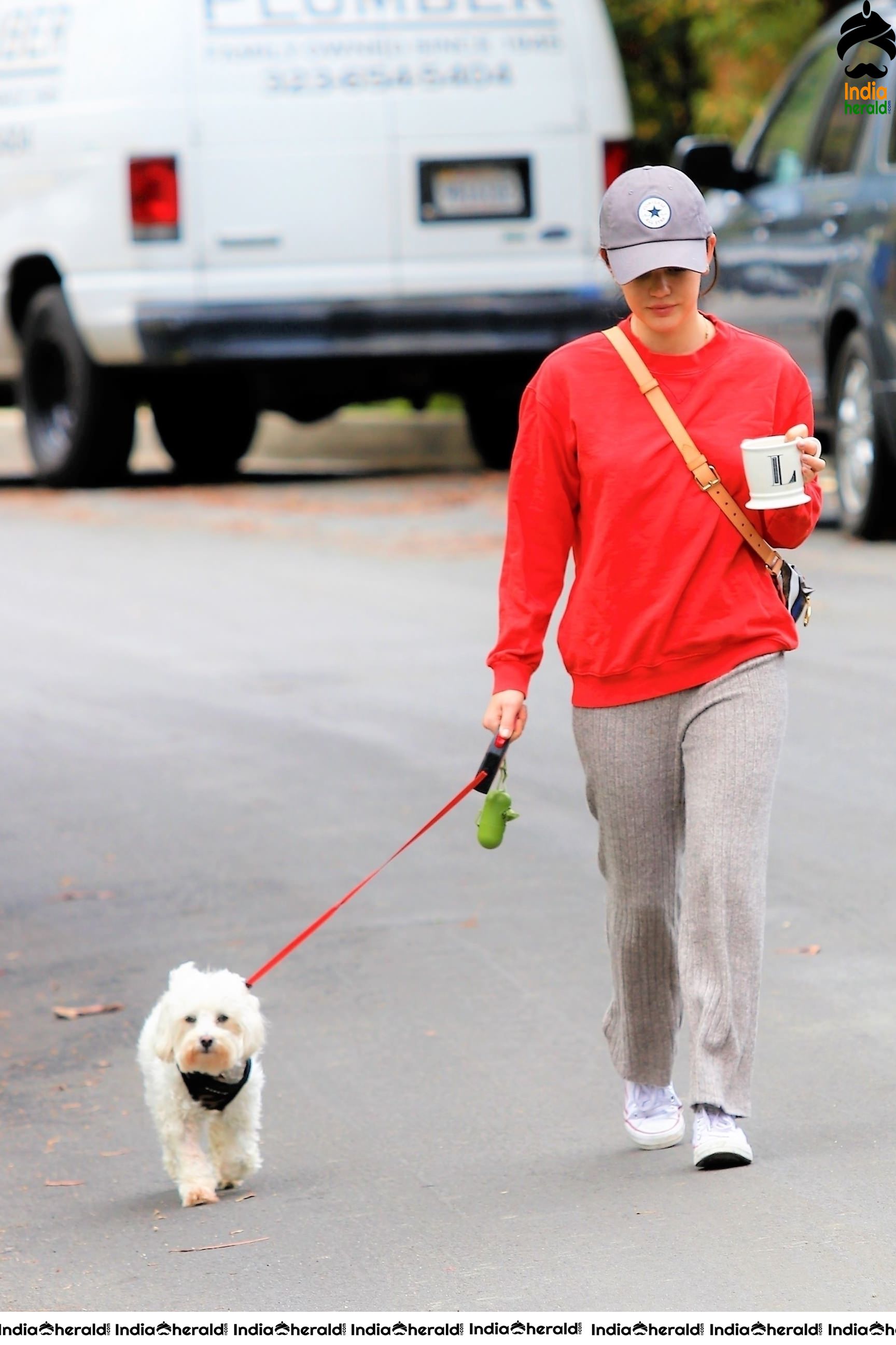 Lucy Hale walking Elvis in Los Angeles during Quarantine