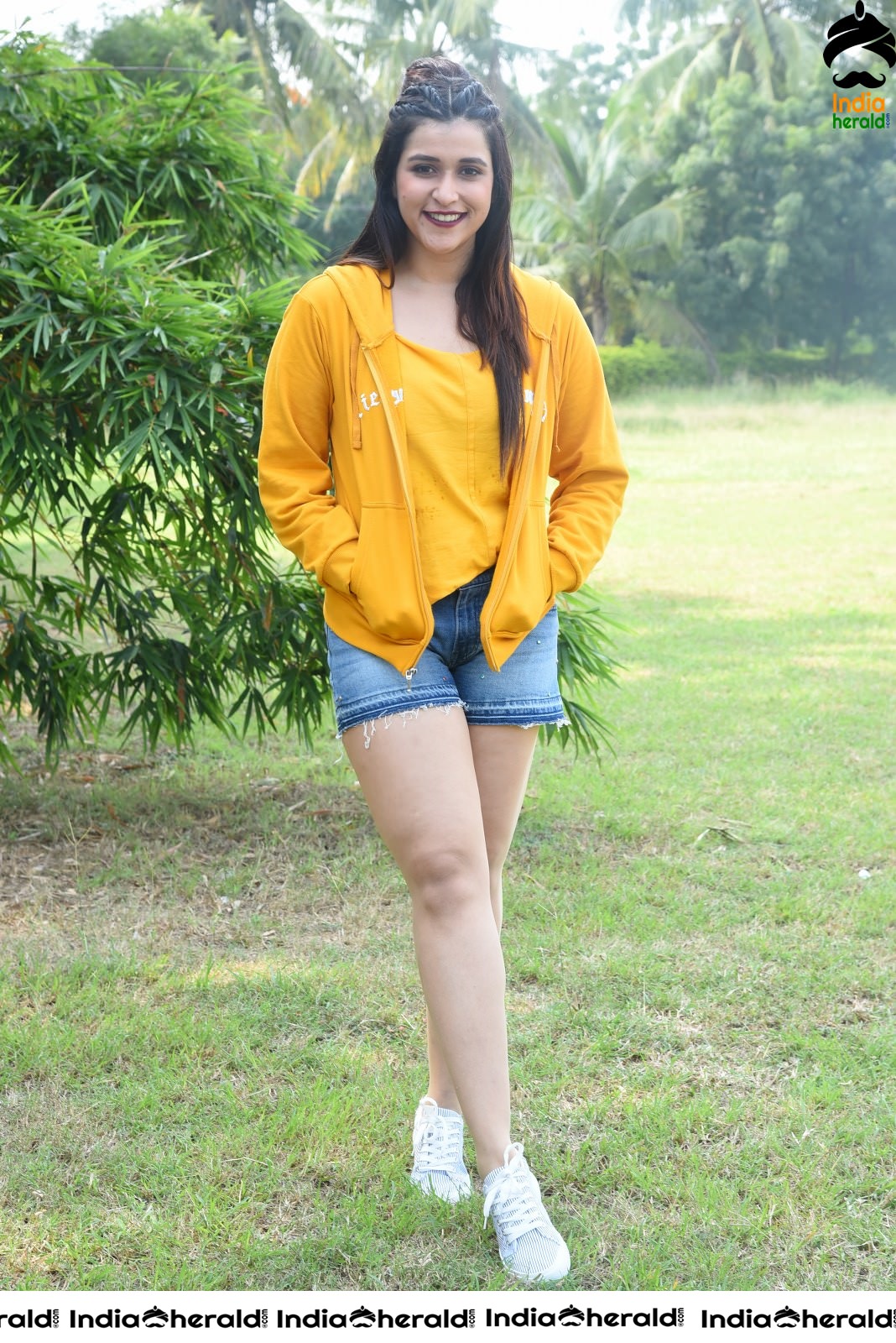 Mannara Chopra Hot Thighs Show in Sexy Shorts and Yellow Jerkin Set 1