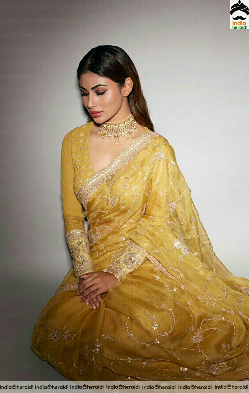 Mouni Roy Cute Golden Saree Stills