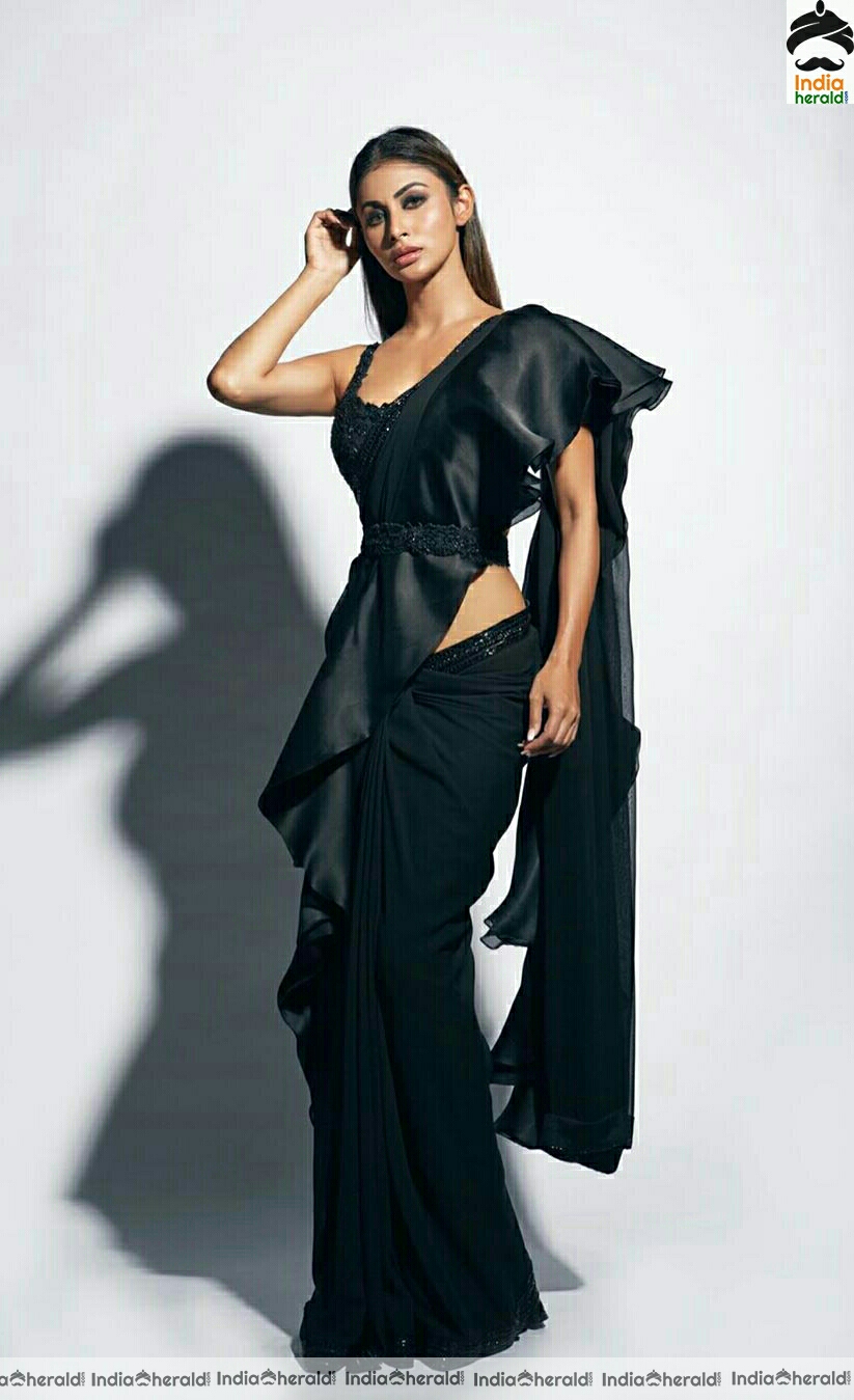 Mouni Roy Hot Black Saree Stills