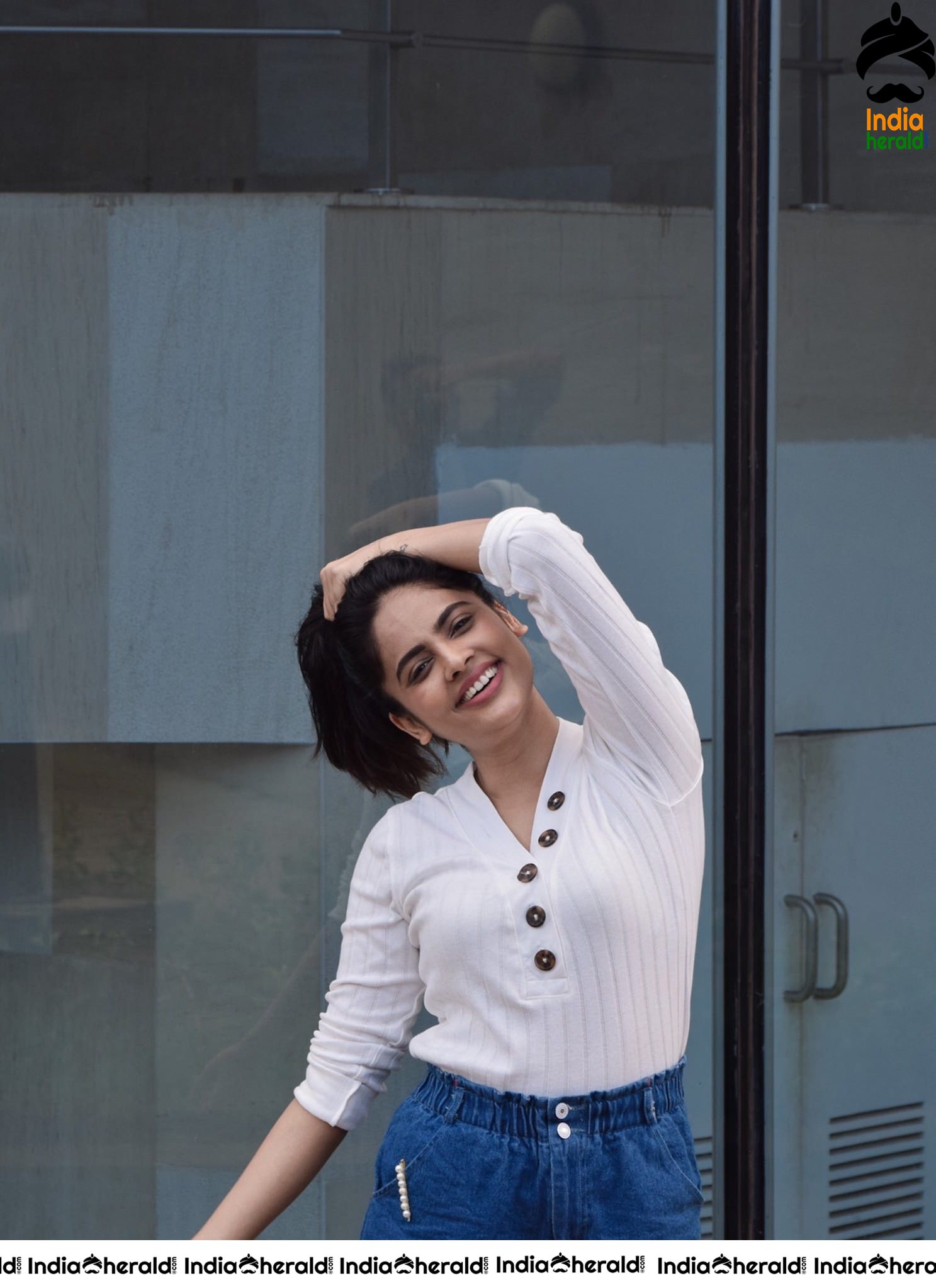 Nandita Swetha Hot in White Tight Top and Short Denim Frock