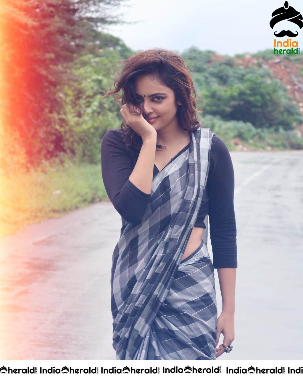 Nandita Swetha Latest Hot Black Checked Saree Stills