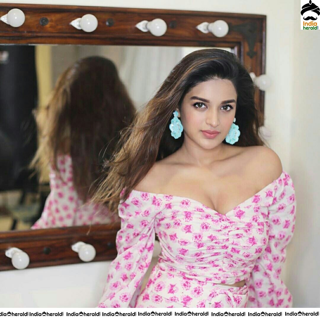 Nidhhi Agerwal Alluring In Pink Colour Dress