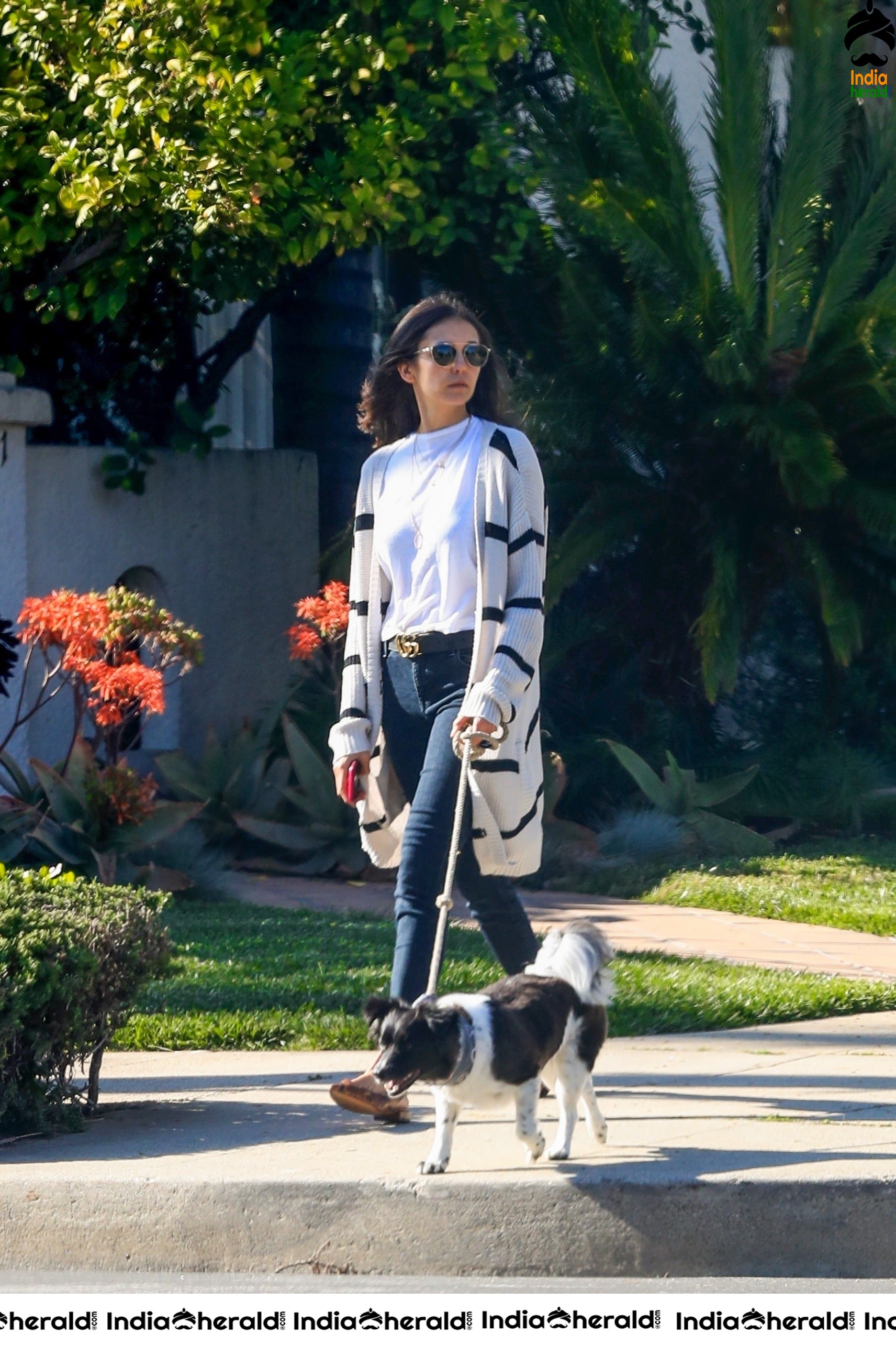 Nina Dobrev looking gorgeous while out for a walk with Maverick in LA