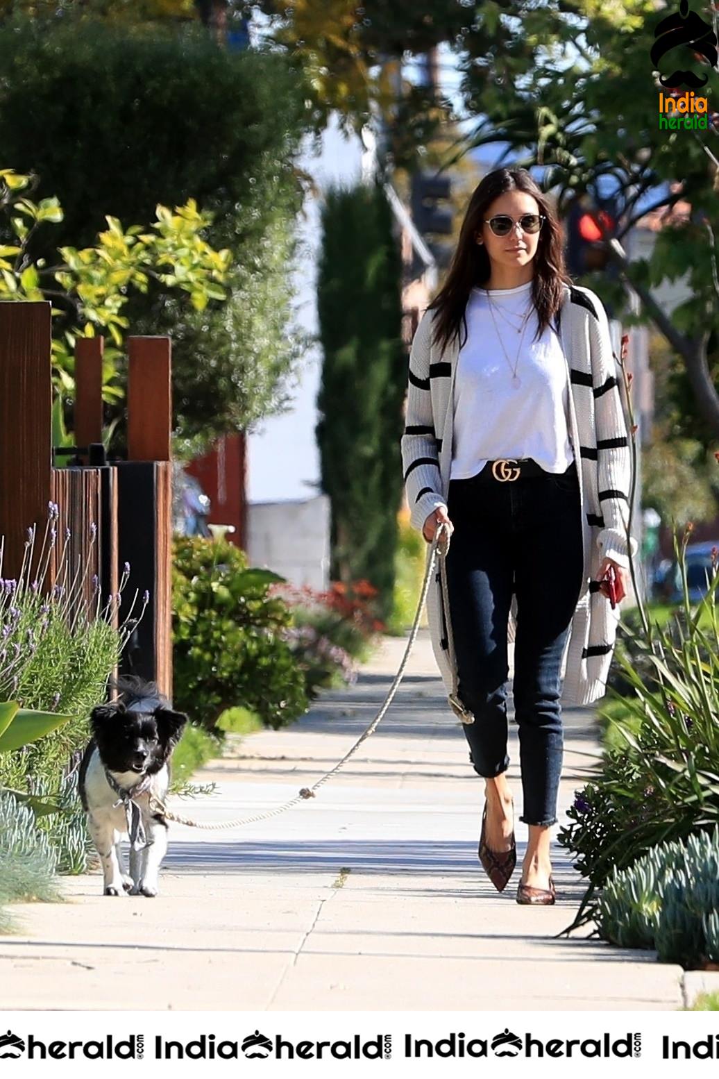 Nina Dobrev looking gorgeous while out for a walk with Maverick in LA