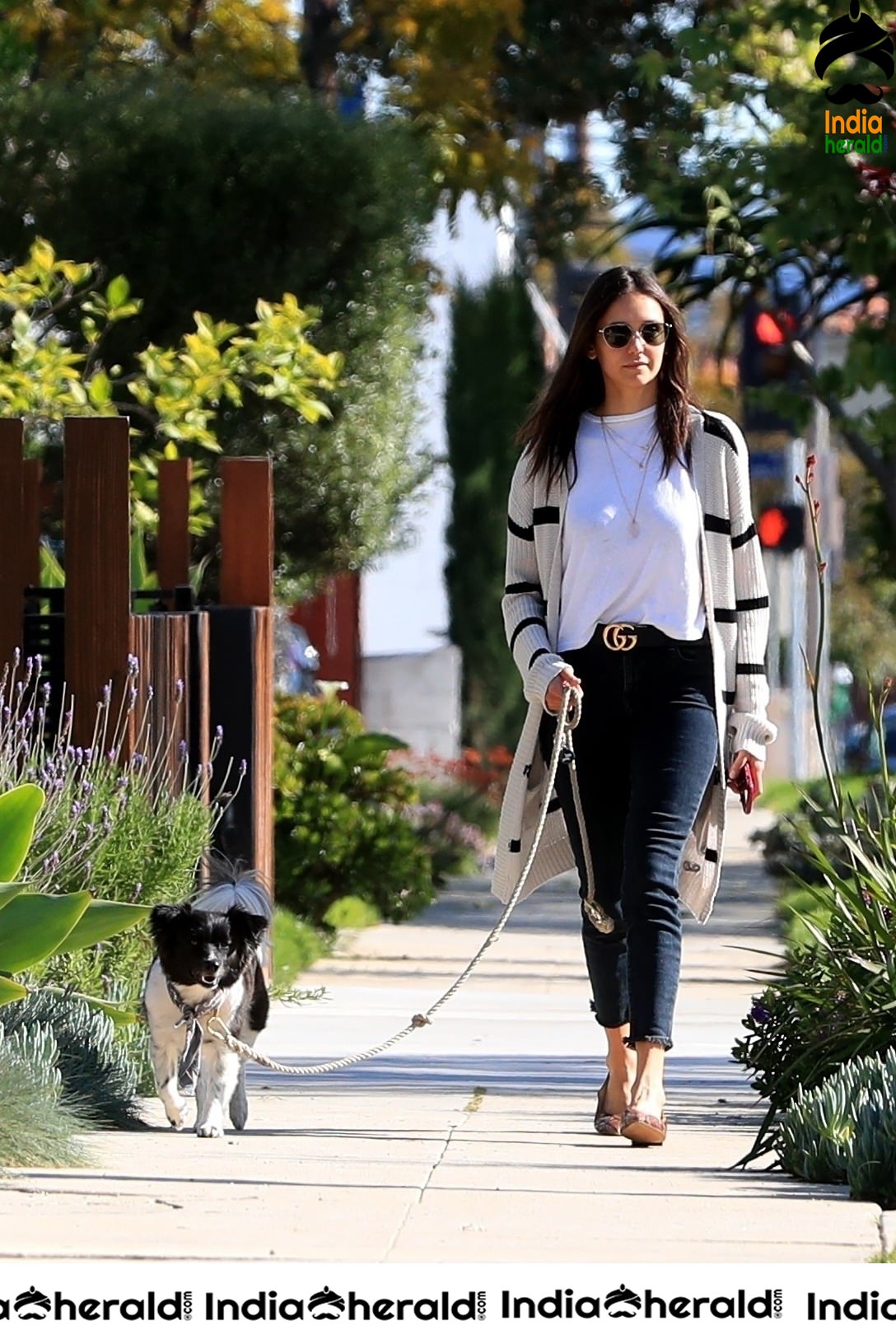 Nina Dobrev looking gorgeous while out for a walk with Maverick in LA