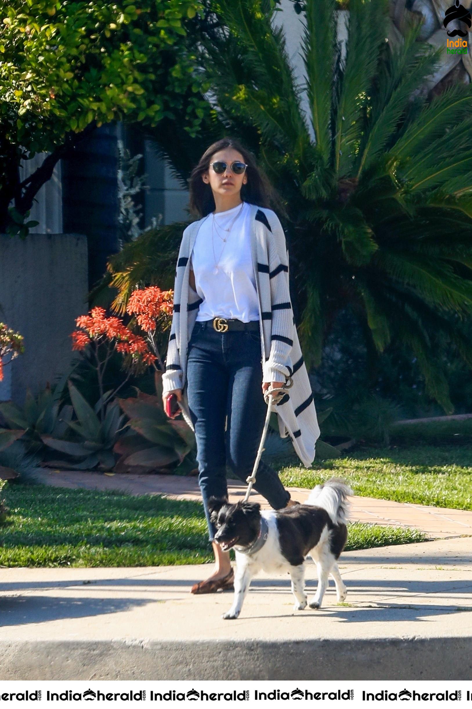 Nina Dobrev looking gorgeous while out for a walk with Maverick in LA