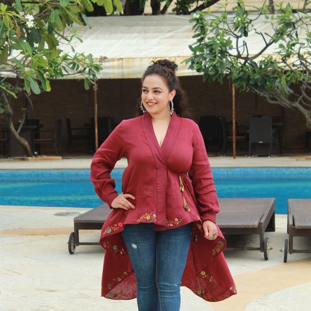 Nithya Menon Hot In Maroon Tight Dress