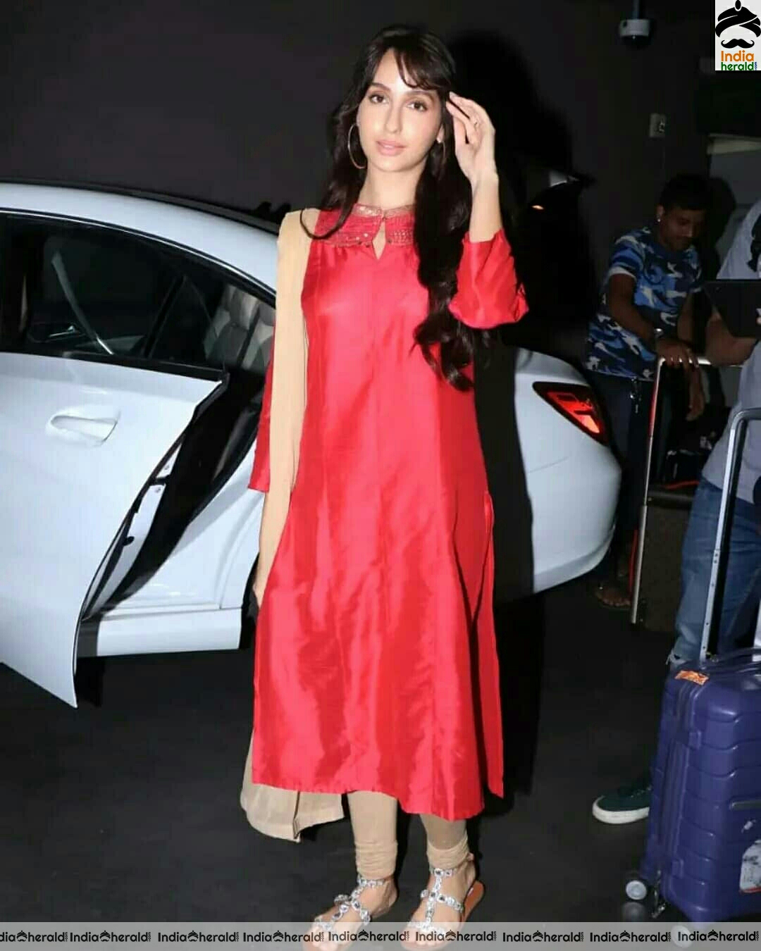 Nora fatehi Cute In Red Chudi While Spotted Outside bandra