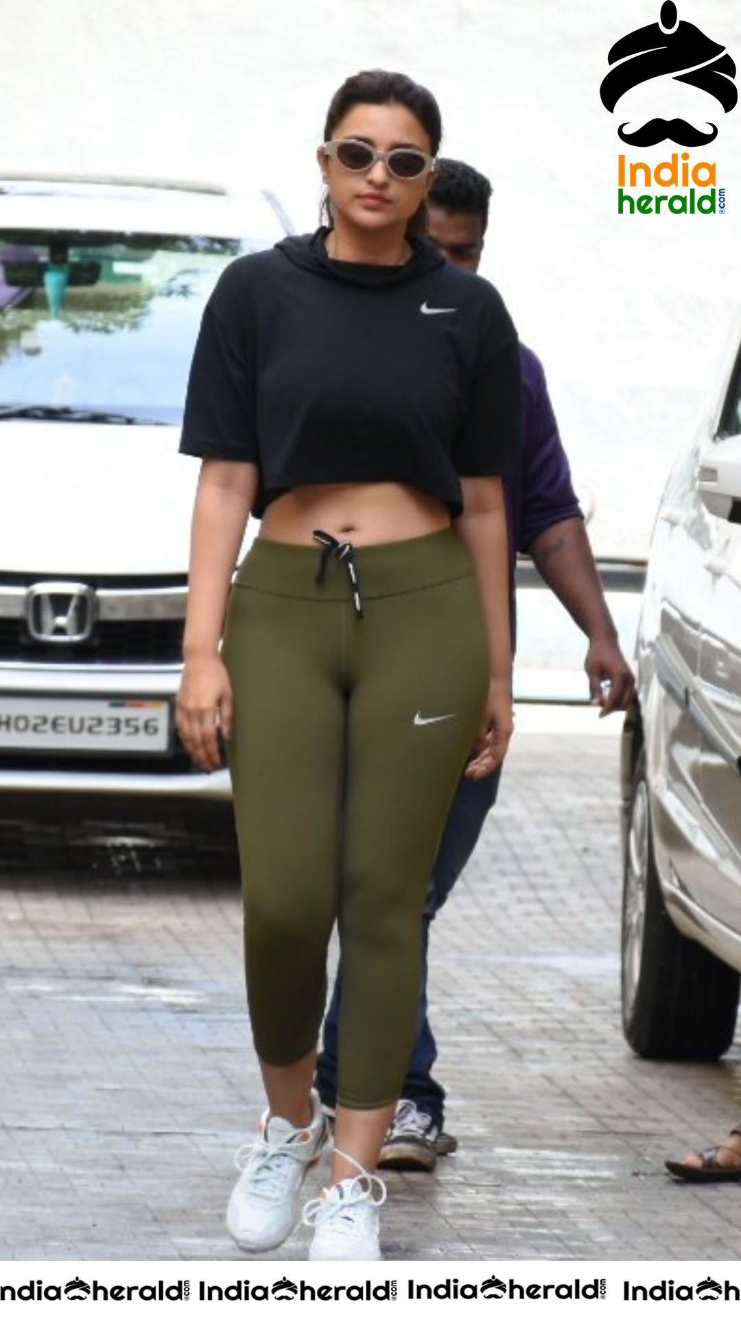 Parineeti Chopra Seen in Black Crop Top and Yoga Pants Exposing her Navel