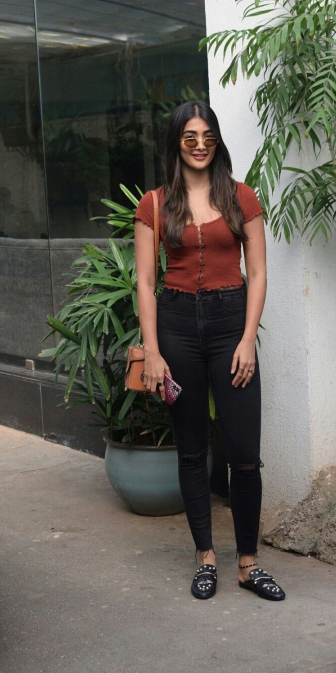 Pooja Hegde In An Adorable Maroon Tops And Denim