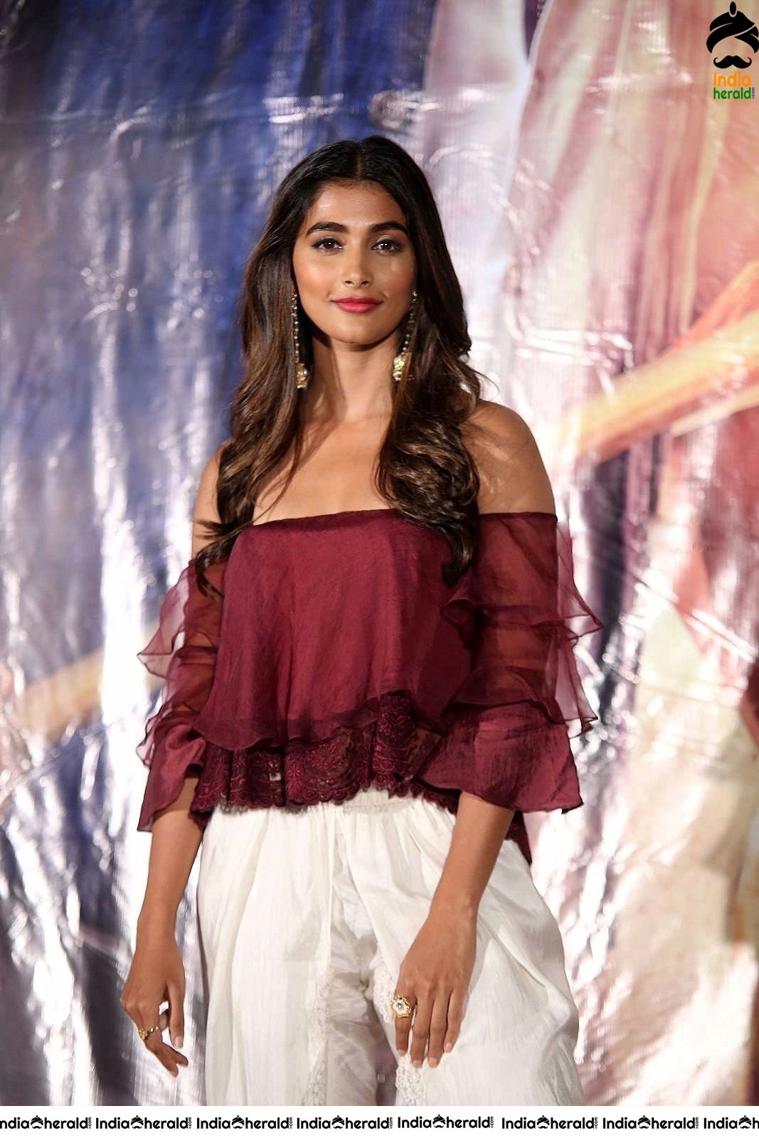 Pooja Hegde Looking Super Hot and Sexy in Maroon Low Neck Top Set 2
