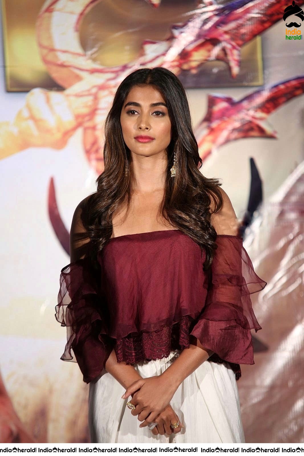 Pooja Hegde Looking Super Hot and Sexy in Maroon Low Neck Top Set 2