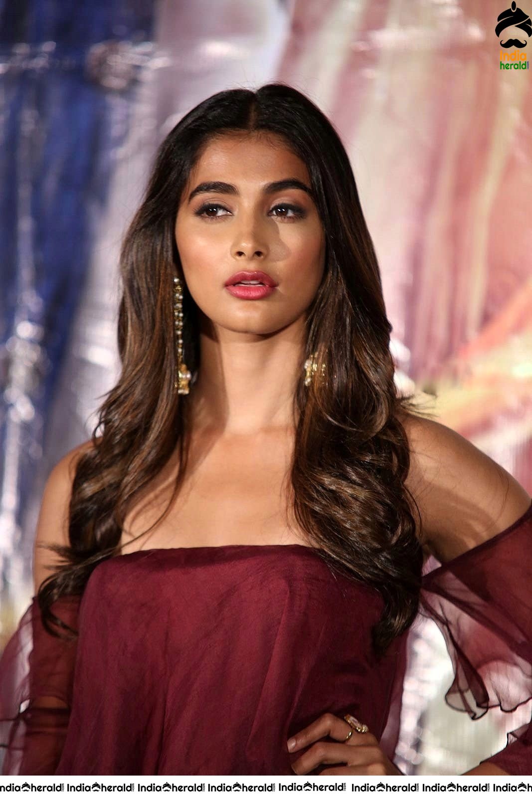 Pooja Hegde Looking Super Hot and Sexy in Maroon Low Neck Top Set 2