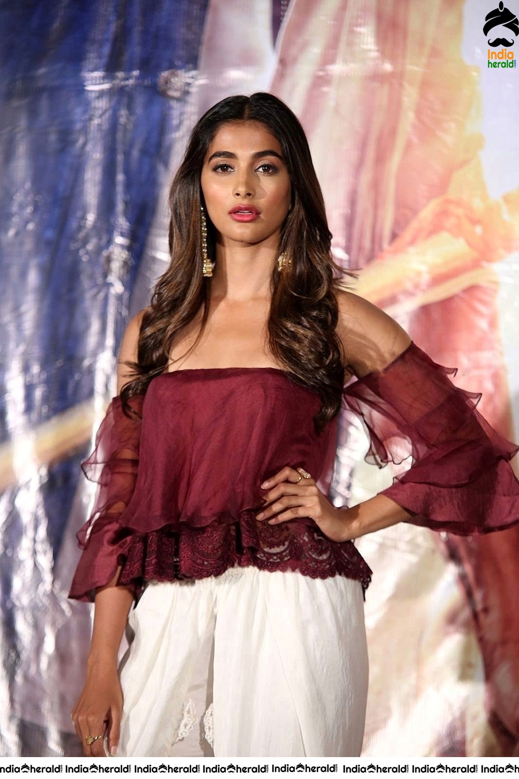 Pooja Hegde Looking Super Hot and Sexy in Maroon Low Neck Top Set 2