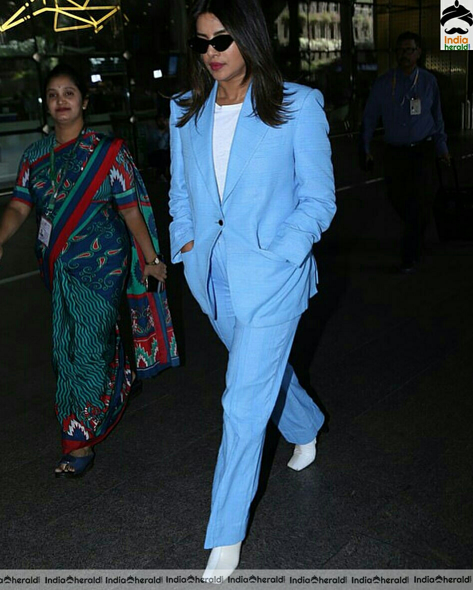 Priyanka Chopra Cute In Blue Coat While Spotted Mumbai Airport