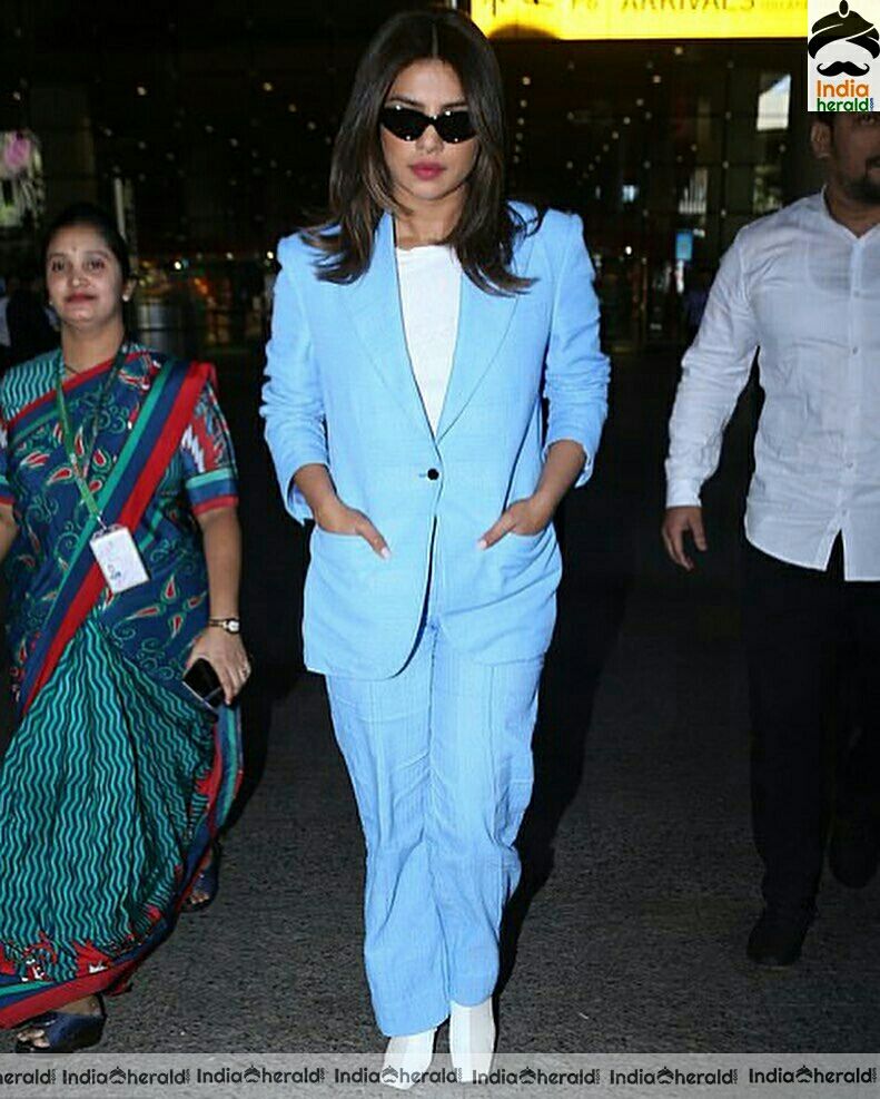 Priyanka Chopra Cute In Blue Coat While Spotted Mumbai Airport