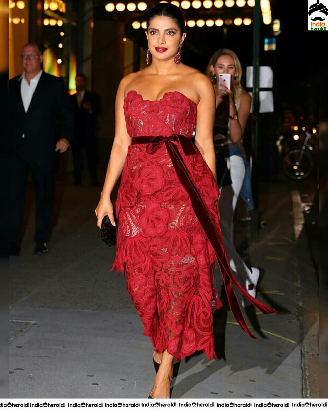 Priyanka Chopra Hot Cleavage Show In A Red Net Maxi Dress Set 1