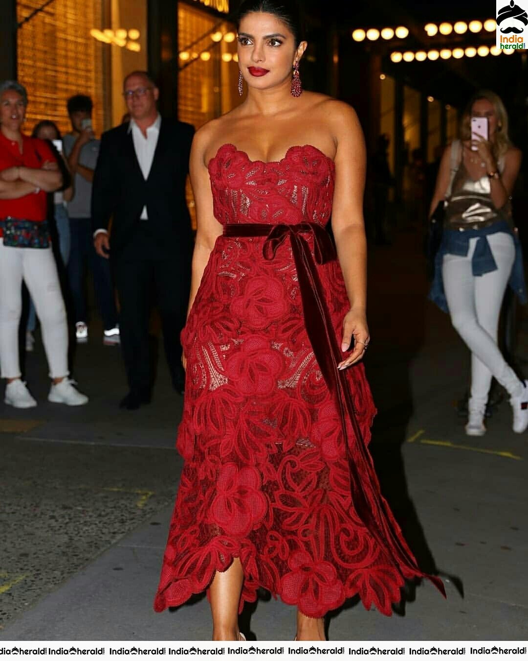 Priyanka Chopra Hot Cleavage Show In A Red Net Maxi Dress Set 1