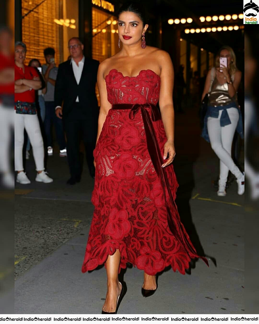 Priyanka Chopra Hot Cleavage Show In A Red Net Maxi Dress Set 1