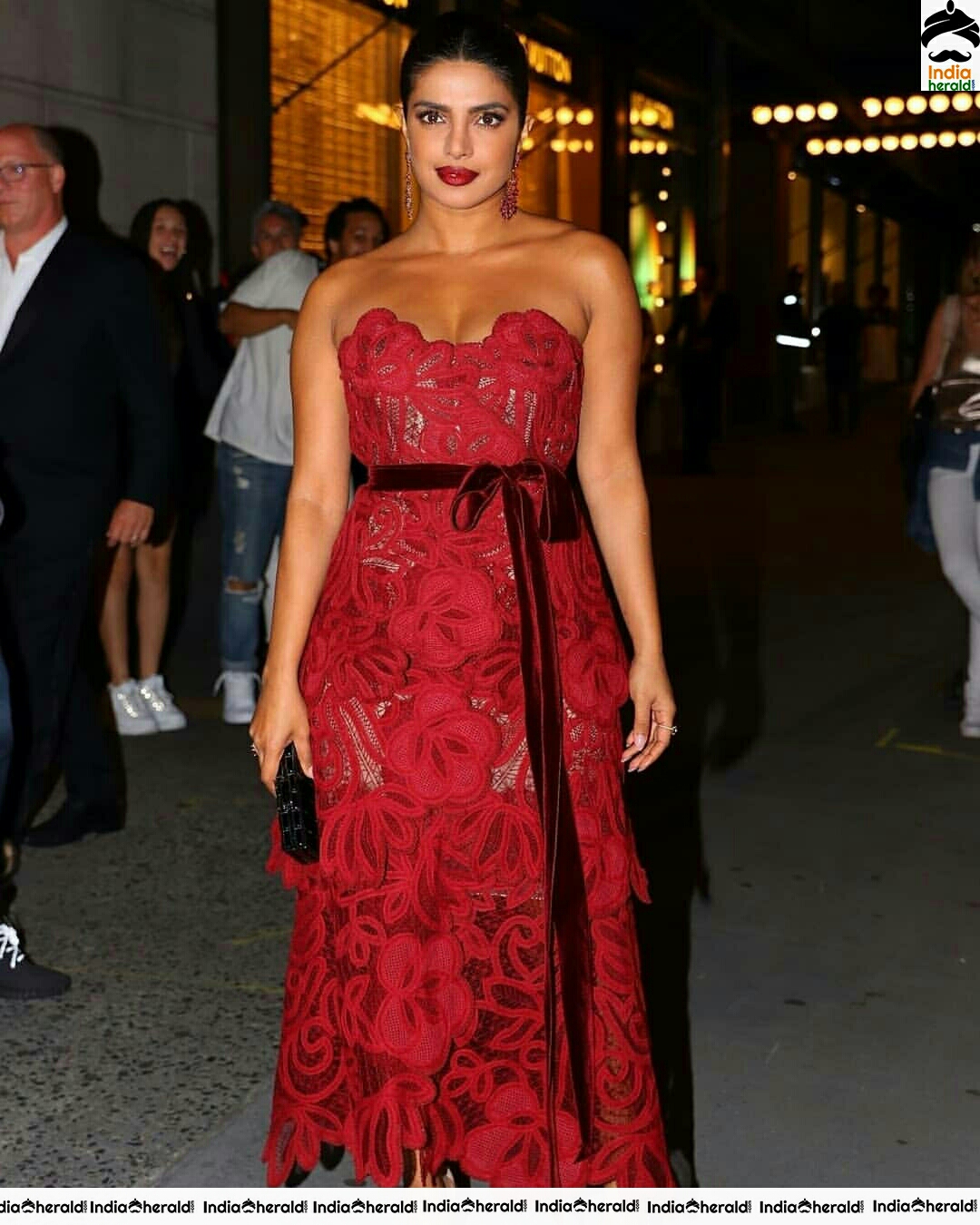 Priyanka Chopra Hot Cleavage Show In A Red Net Maxi Dress Set 1