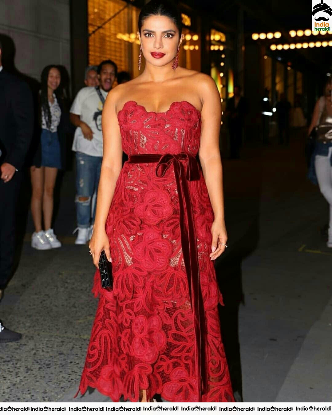 Priyanka Chopra Hot Cleavage Show In A Red Net Maxi Dress Set 1