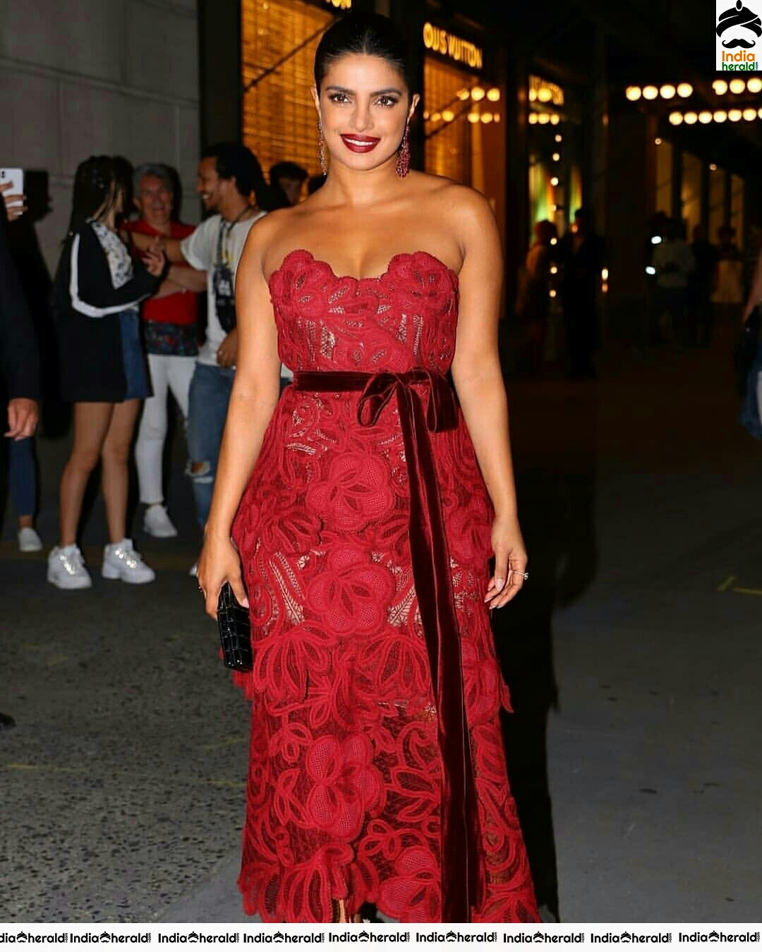 Priyanka Chopra Hot Cleavage Show In A Red Net Maxi Dress Set 1