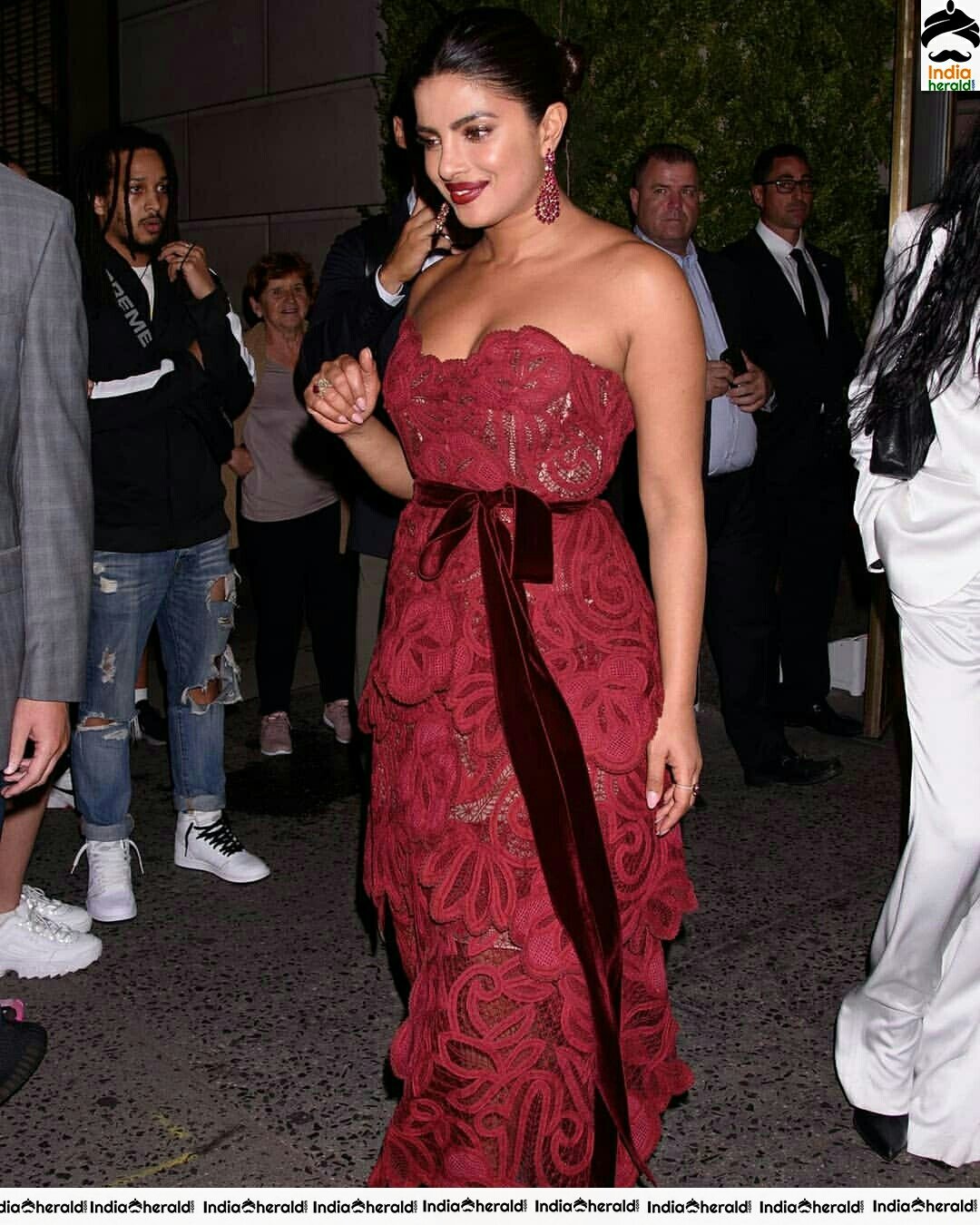 Priyanka Chopra Hot Cleavage Show In A Red Net Maxi Dress Set 2