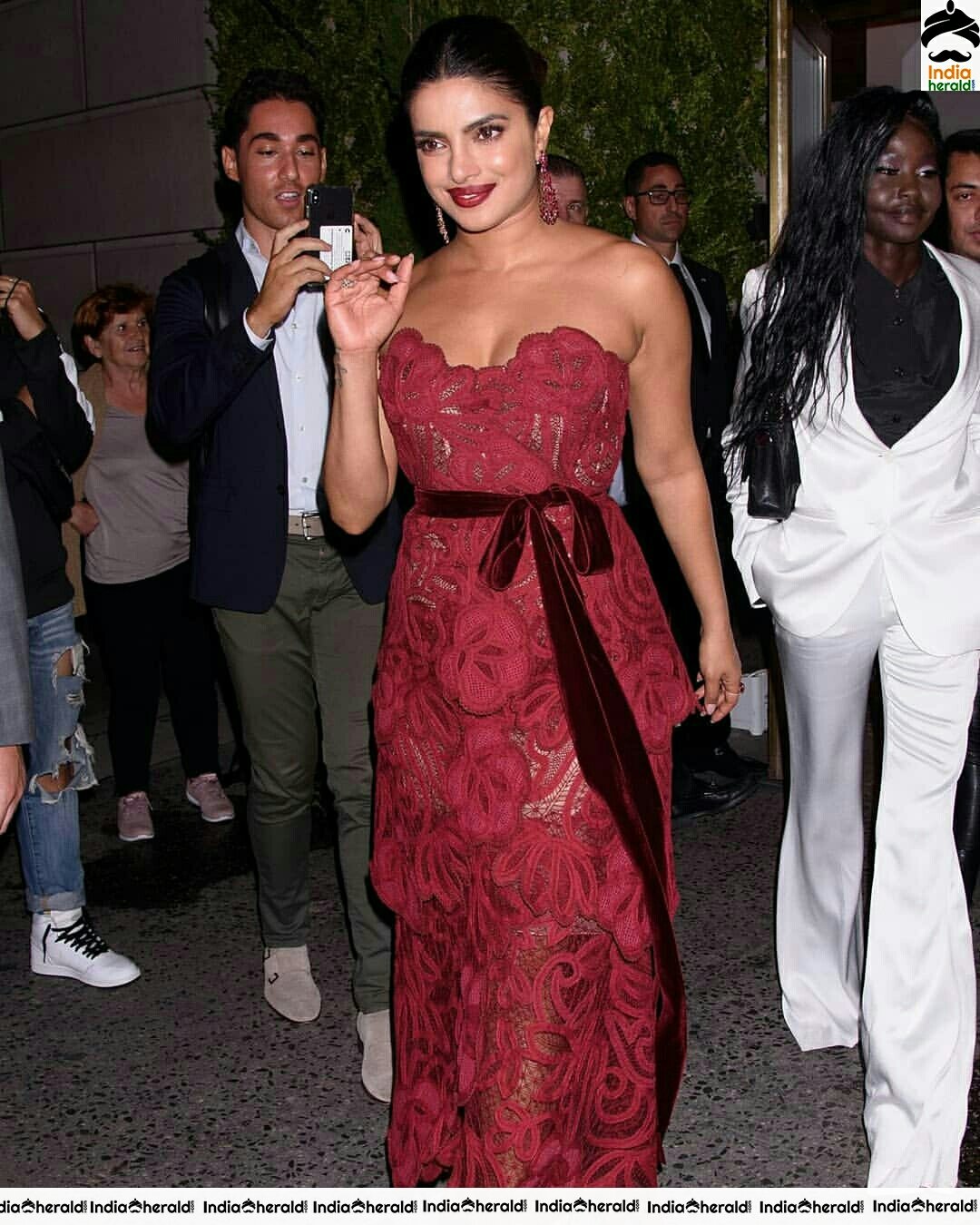 Priyanka Chopra Hot Cleavage Show In A Red Net Maxi Dress Set 2