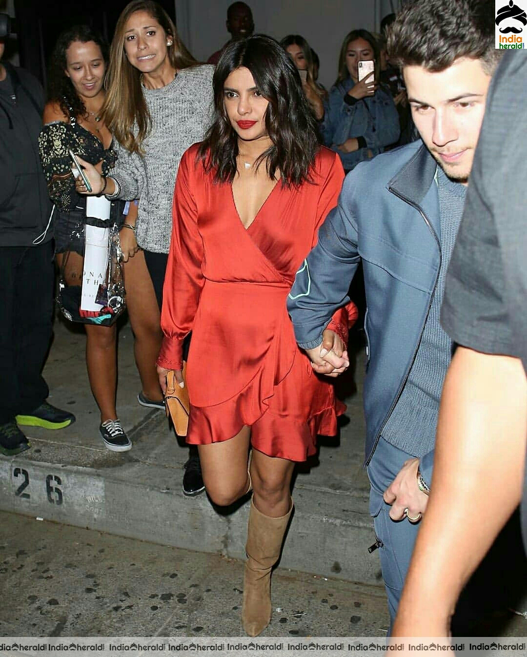 Priyanka chopra Hot In Red Dress With her Husband Nick Jonas