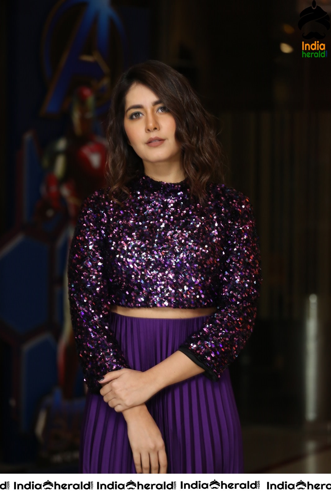 Raashi Khanna Looking Pretty in Violet Glittering Dress Set 1