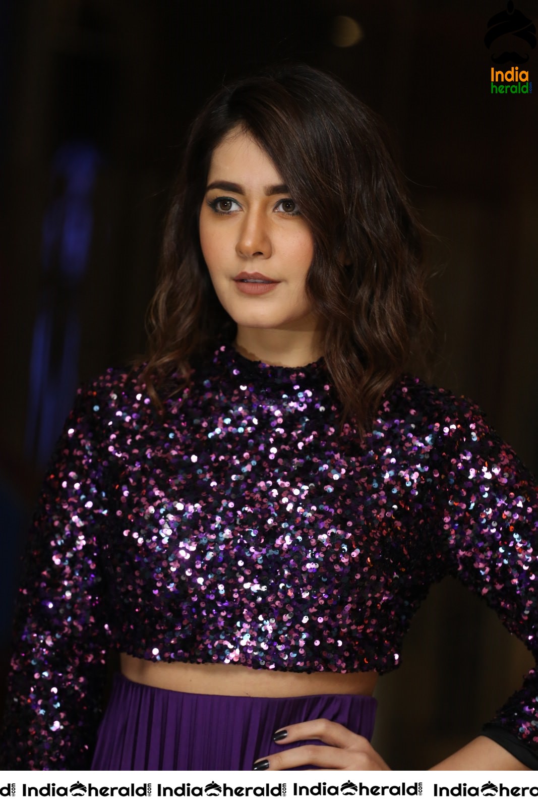 Raashi Khanna Looking Pretty in Violet Glittering Dress Set 1