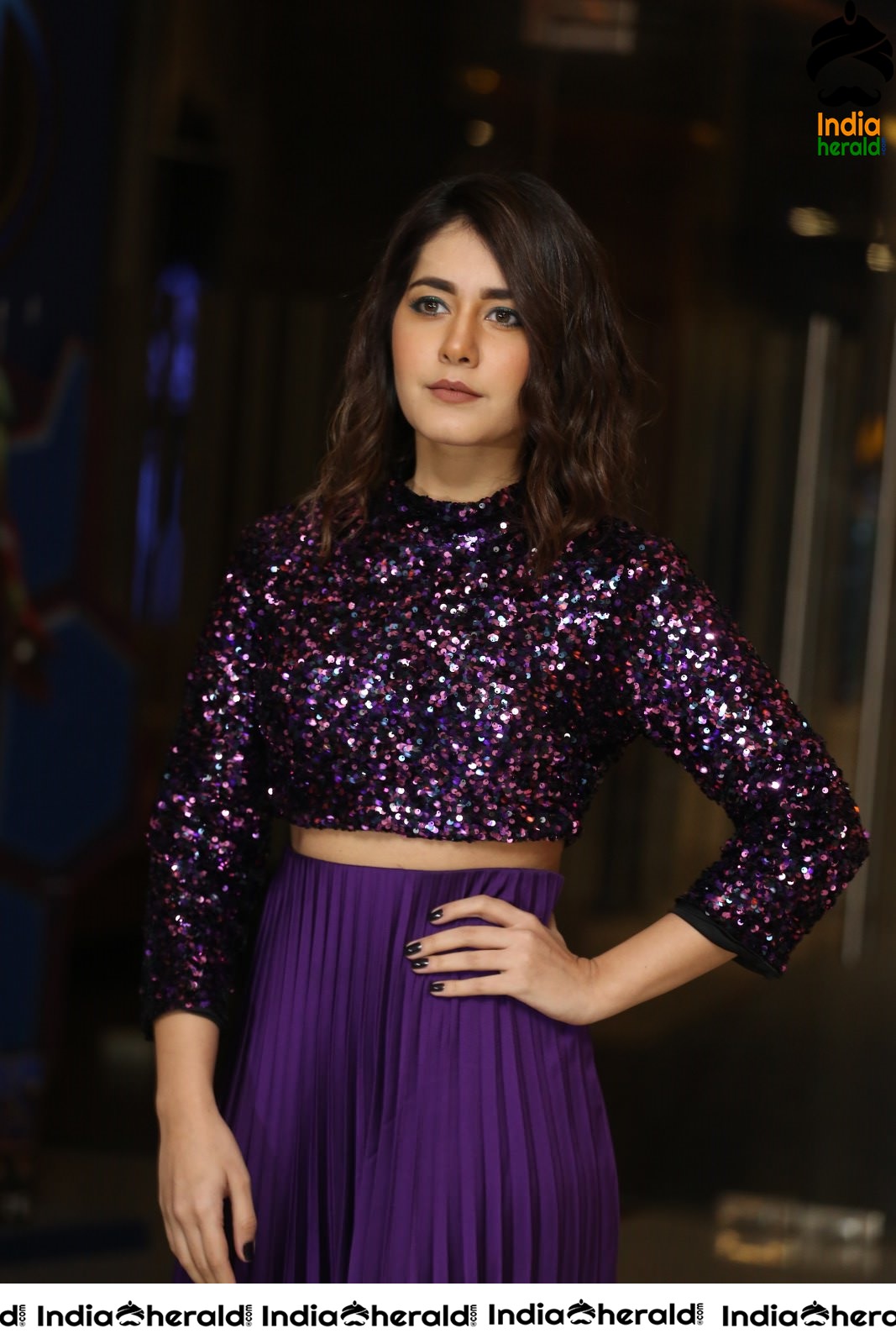 Raashi Khanna Looking Pretty in Violet Glittering Dress Set 1