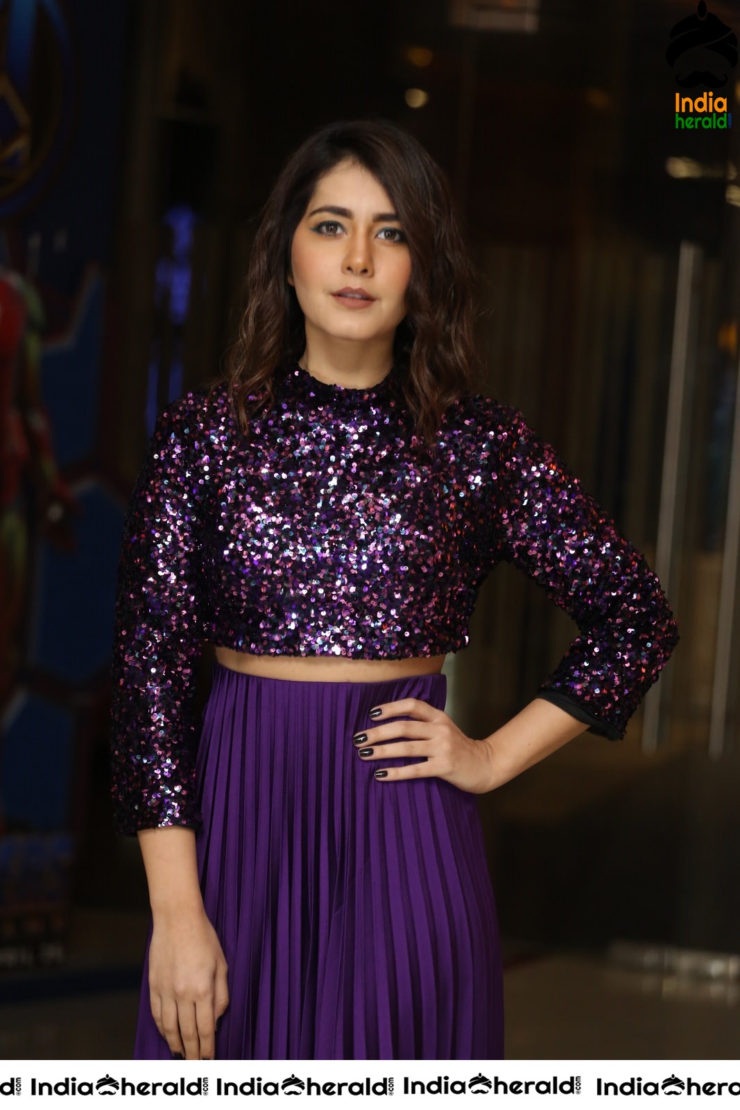 Raashi Khanna Looking Pretty in Violet Glittering Dress Set 1