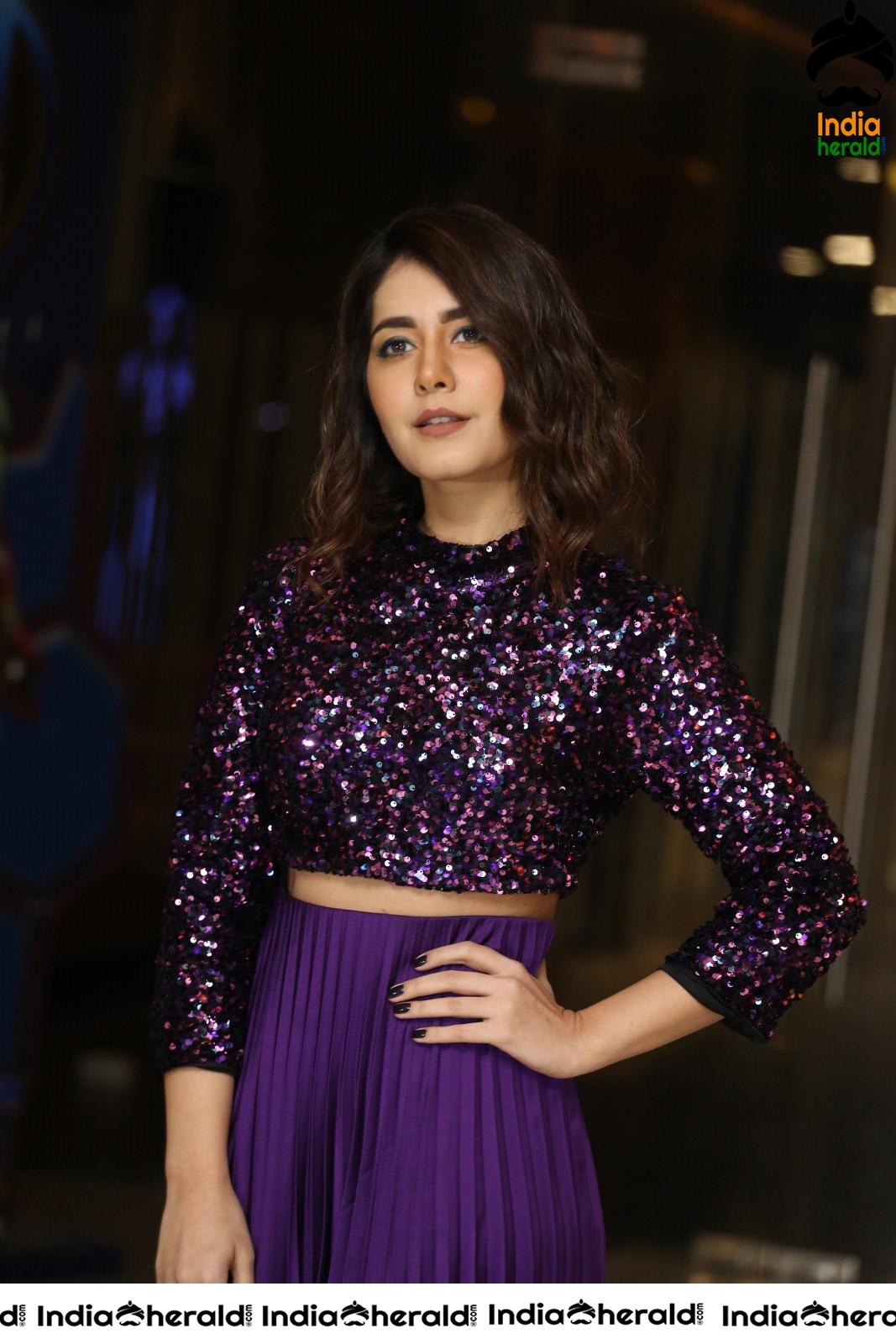 Raashi Khanna Looking Pretty in Violet Glittering Dress Set 2