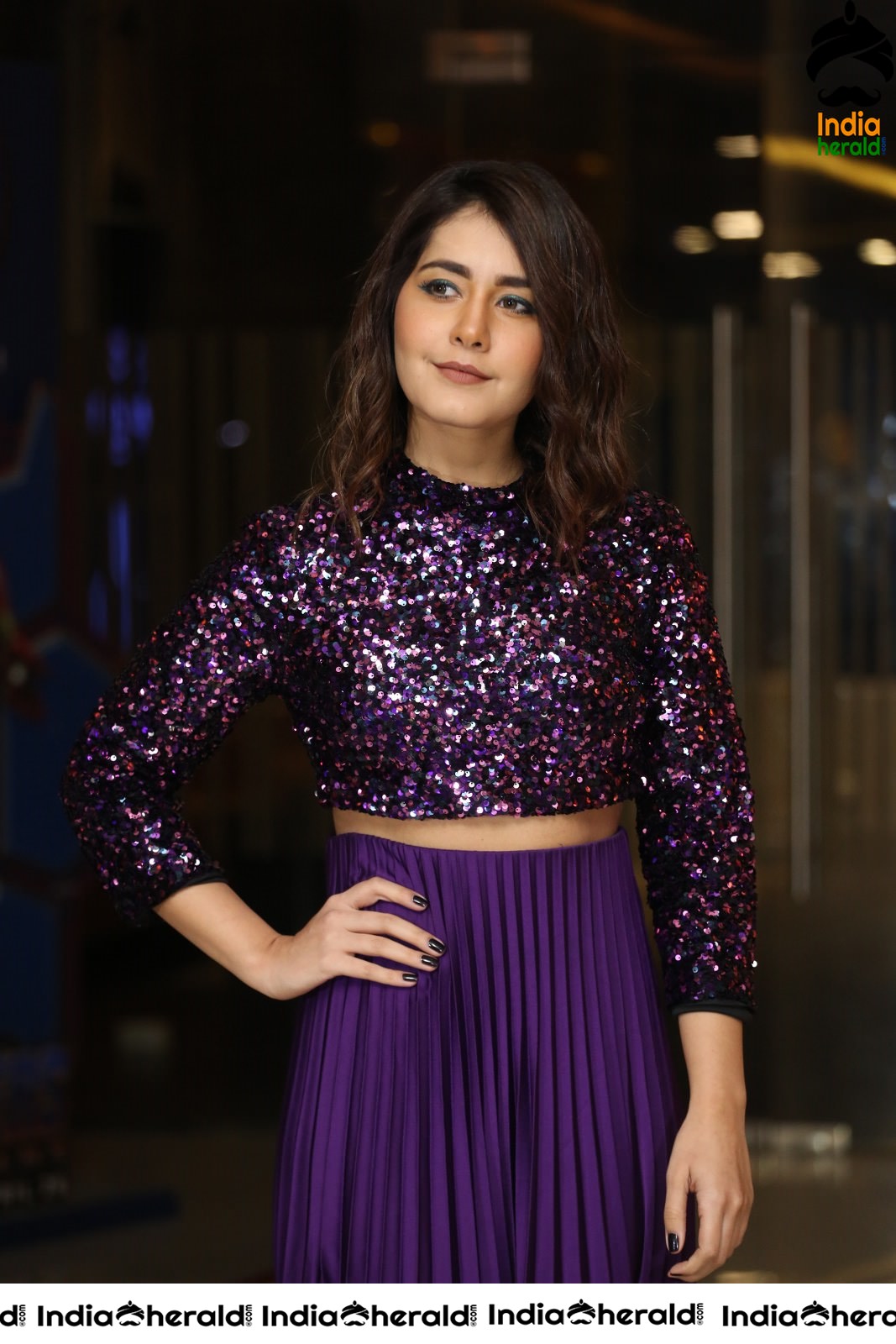 Raashi Khanna Looking Pretty in Violet Glittering Dress Set 2