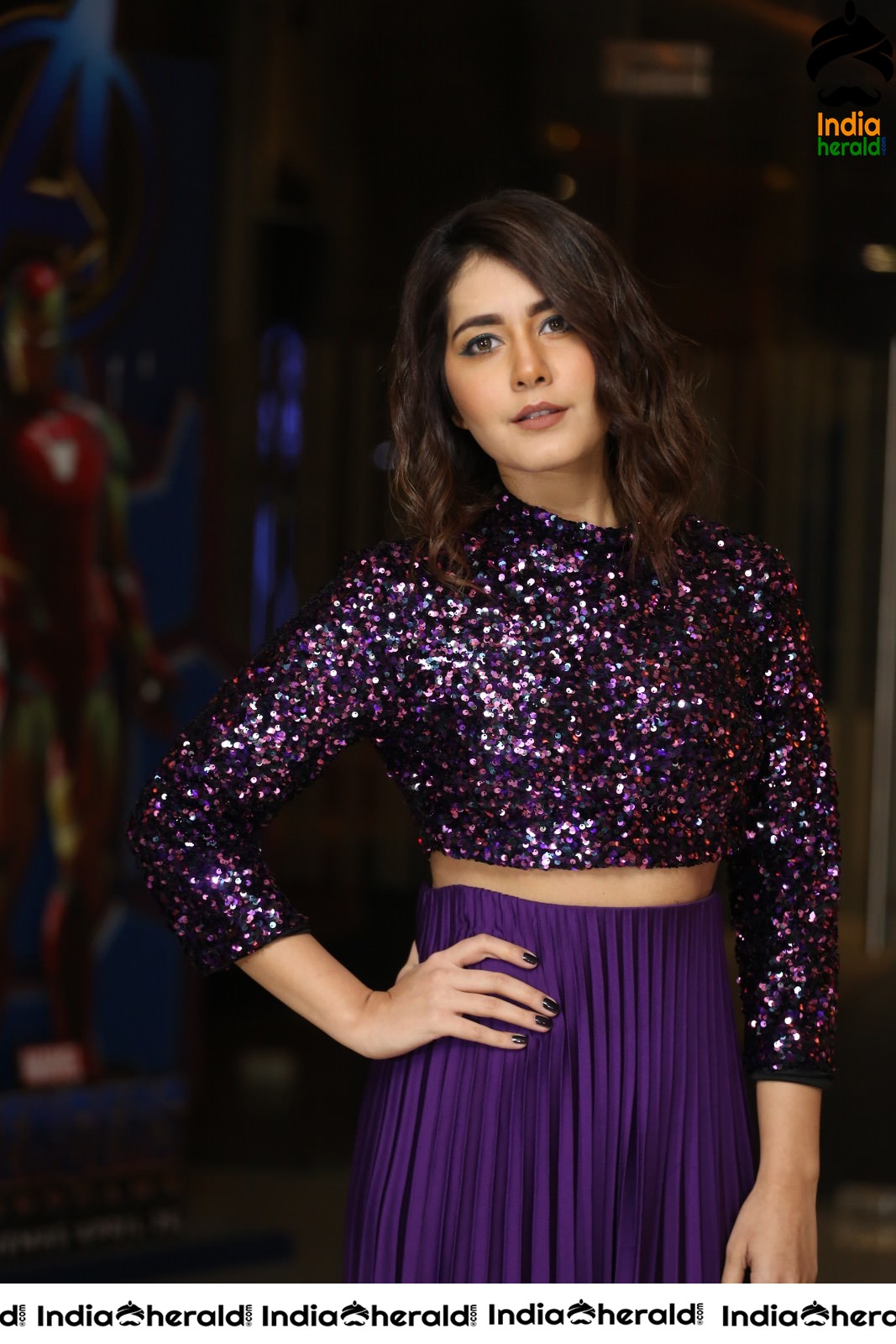 Raashi Khanna Looking Pretty in Violet Glittering Dress Set 2