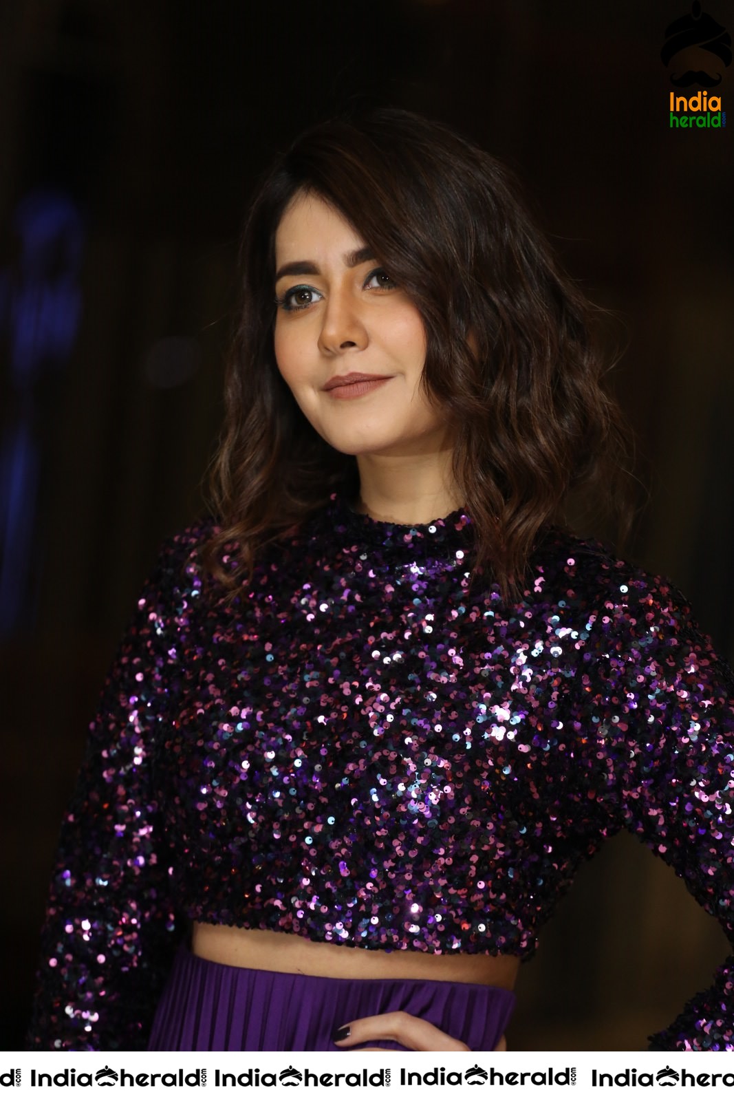 Raashi Khanna Looking Pretty in Violet Glittering Dress Set 2